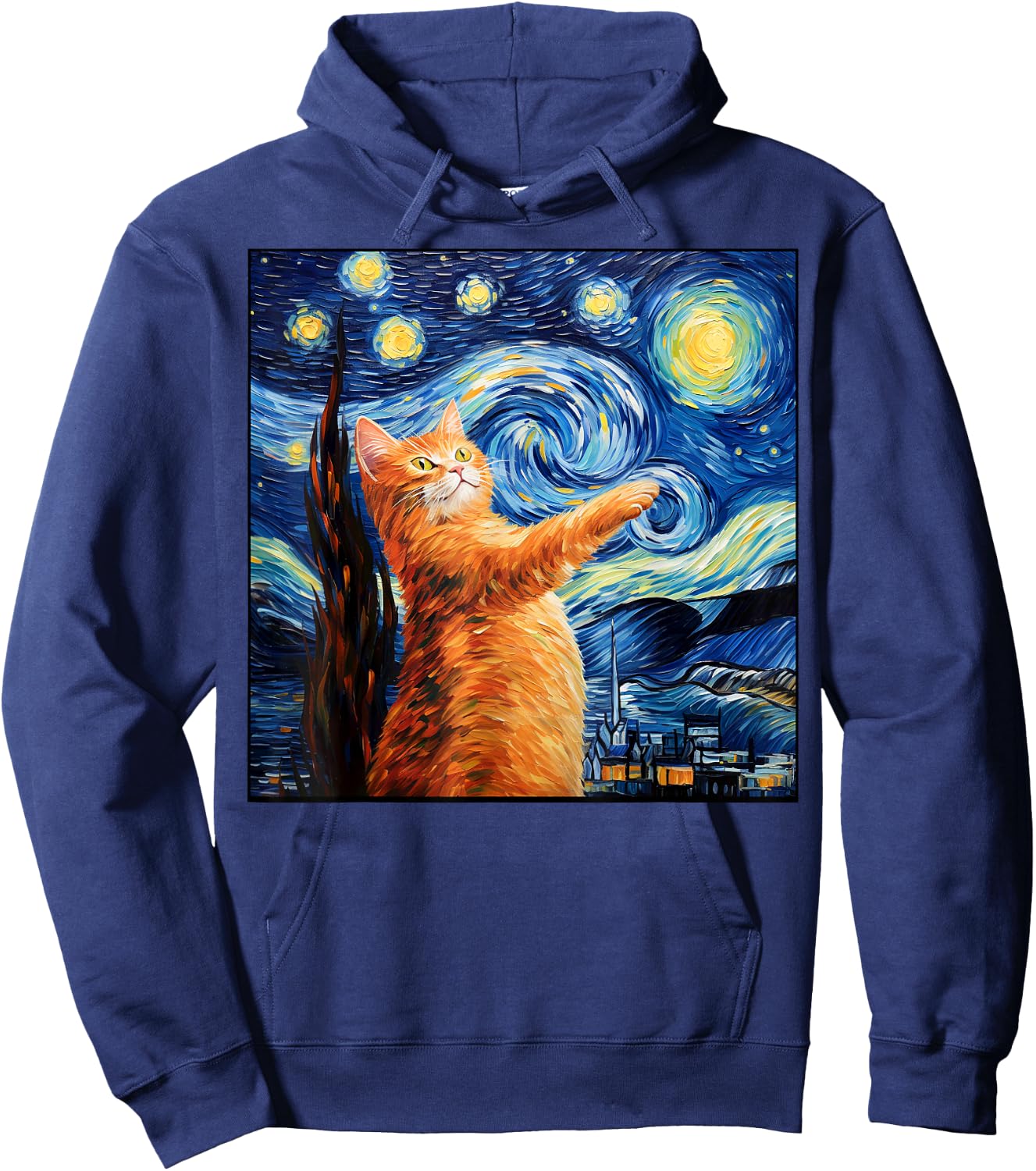 Art Van Gogh Starry Night Cat Painting Cats Lover Mom Dad Hoodie - Hoodie | Navy