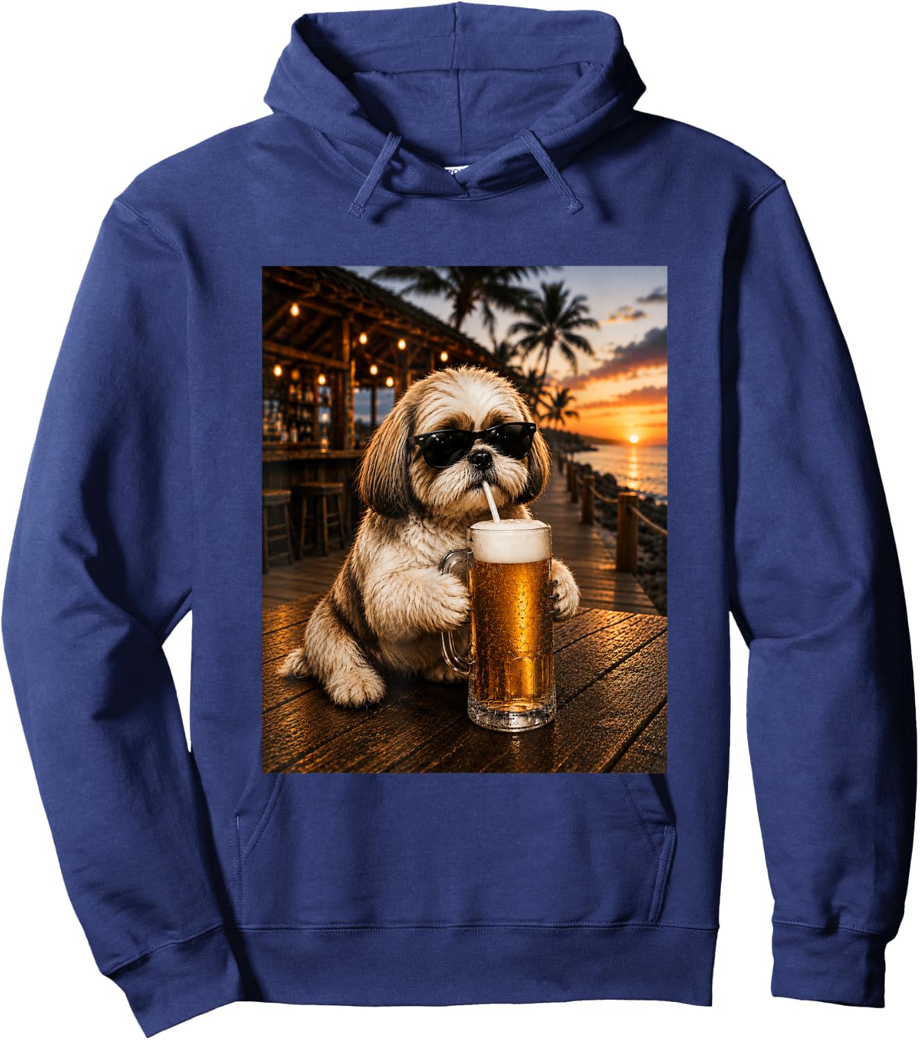 Funny Shih Tzu Drinking Beer Beach Sunset Men Women Hoodie - Hoodie | Navy