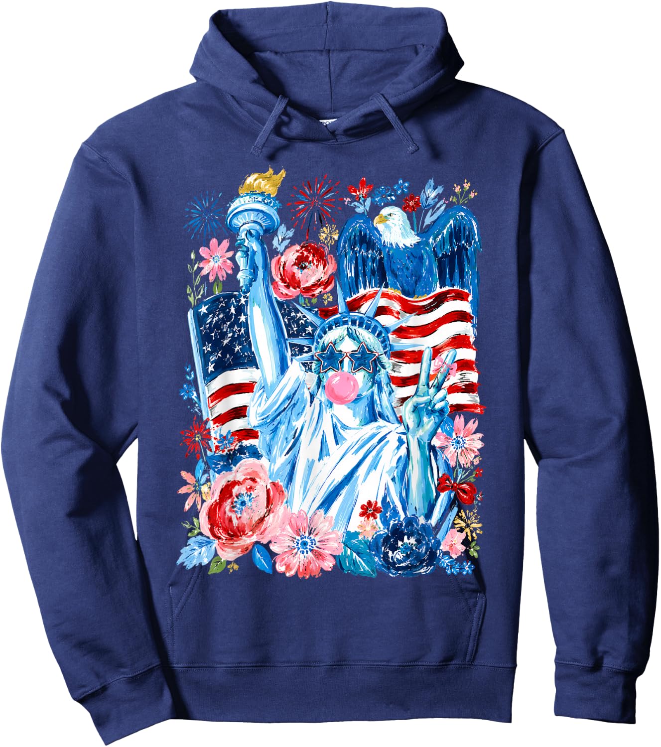 Brushstroke Statue of Liberty Blowing Bubble Gum 4th of July Hoodie - Hoodie | Navy
