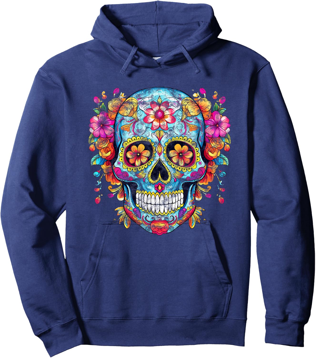 Bunter Mexikanischer Totenschädel Muster Blumen Halloween Hoodie - Hoodie | Navy