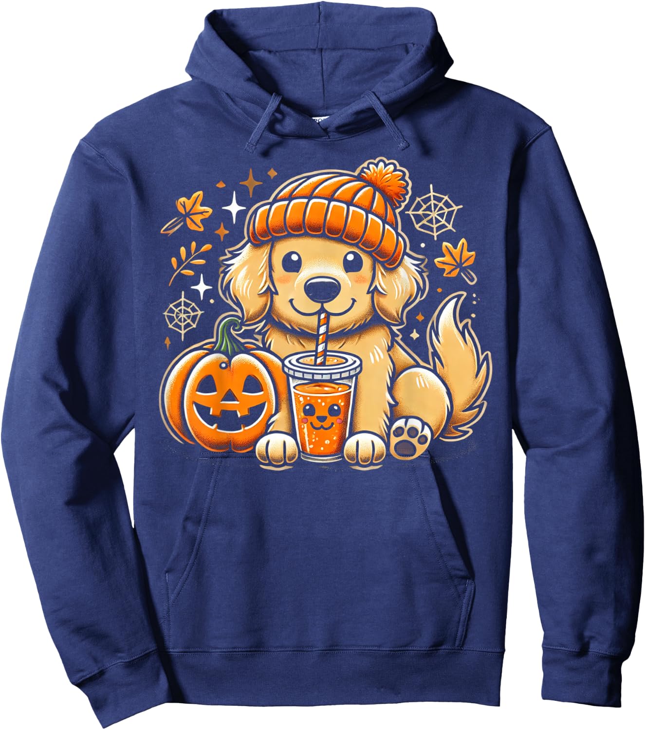 Cute Golden Retriever in Autumn with Pumpkin Drink Hoodie - Hoodie | Navy