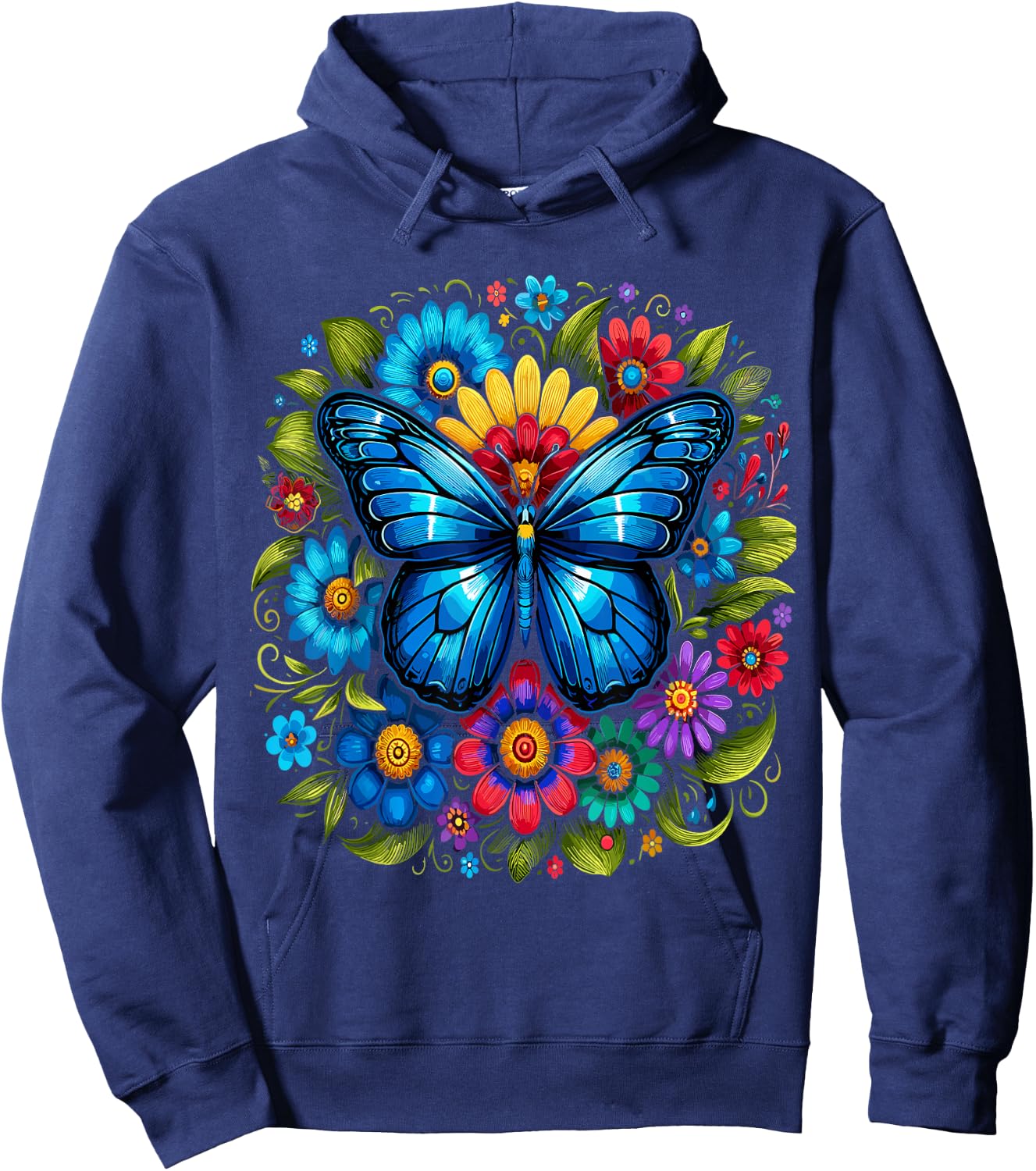 Blue Butterfly With Flowers Garden Beautiful Butterflies Hoodie - Hoodie | Navy