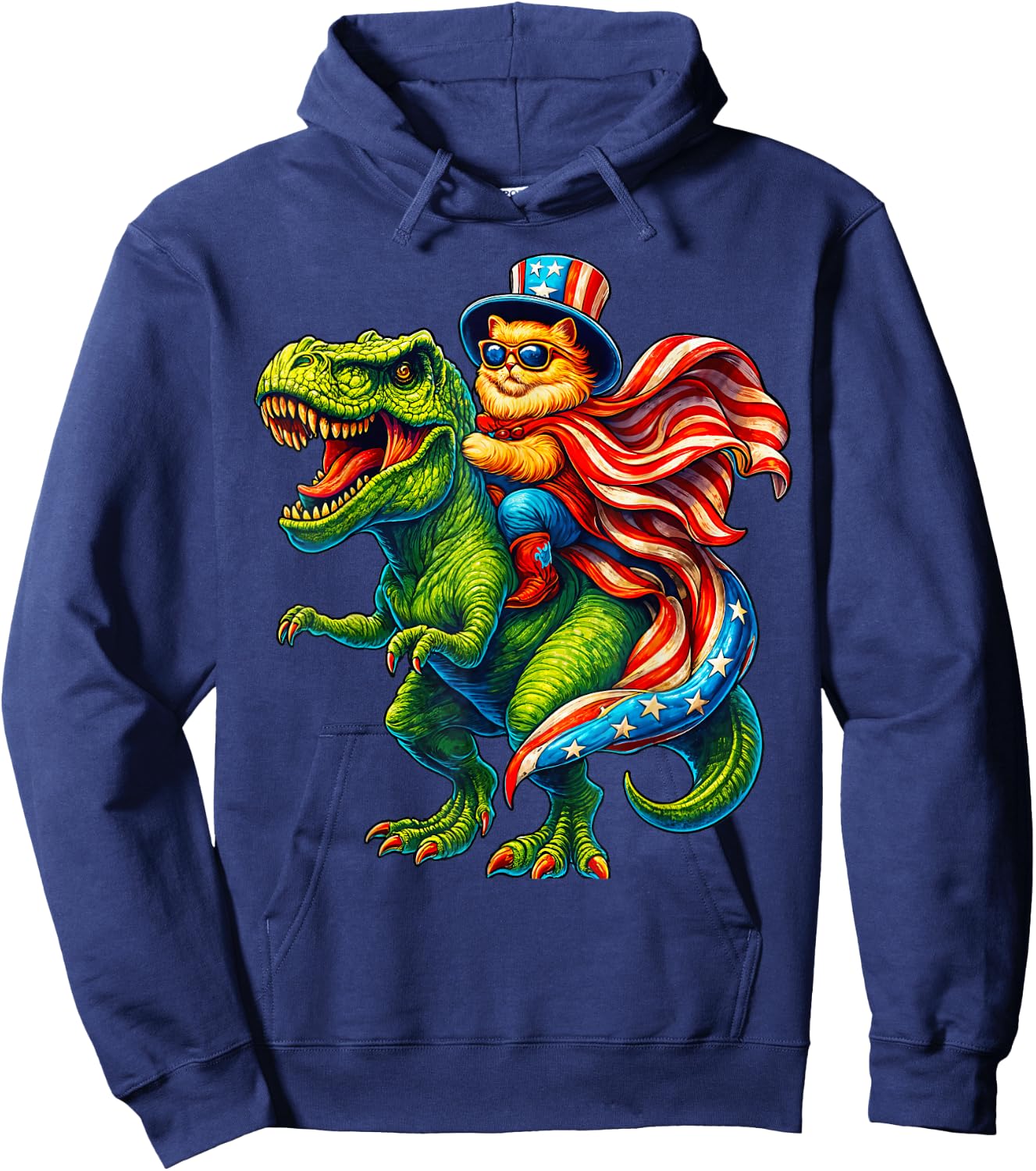Patriotic Cat Riding T-Rex 4th of July Dinosaur USA Flag Hoodie - Hoodie | Navy