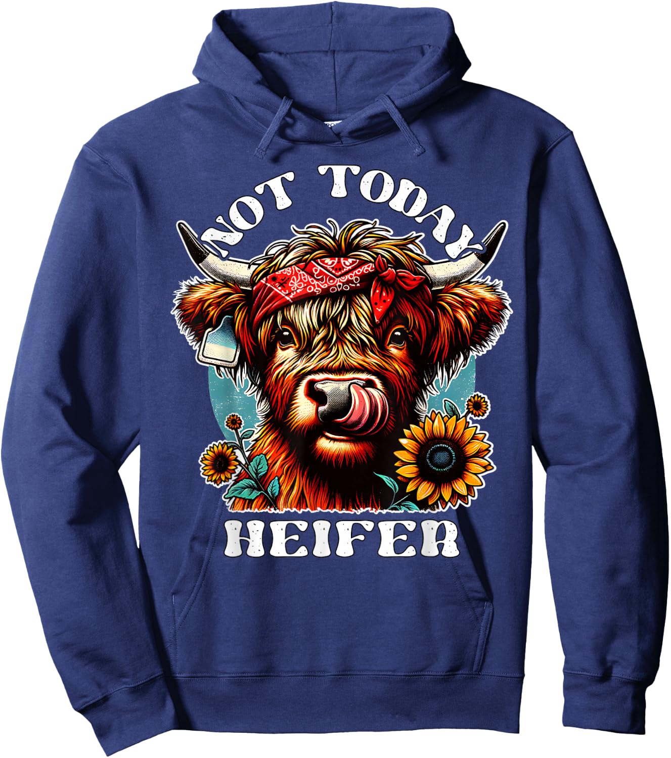 Not Today Heifer Retro Highland Cow Bandana Sunflowers Hoodie - Hoodie | Navy