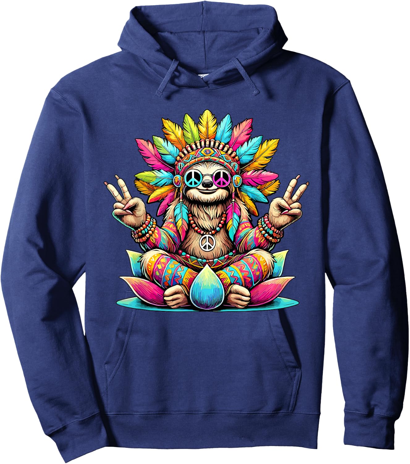 Hippie Sloth, Peace Sign, 70s Party & Costume 60s 70s , Black, S Hoodie - Hoodie | Navy