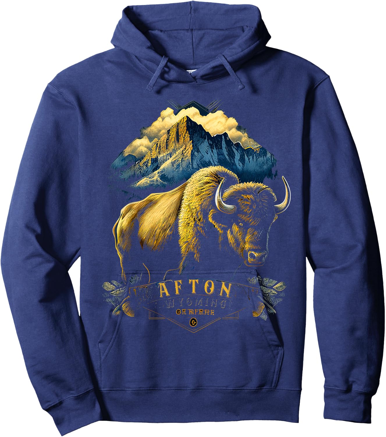 Vintage Afton Wyoming Mountains Bison Western Hoodie - Hoodie | Navy