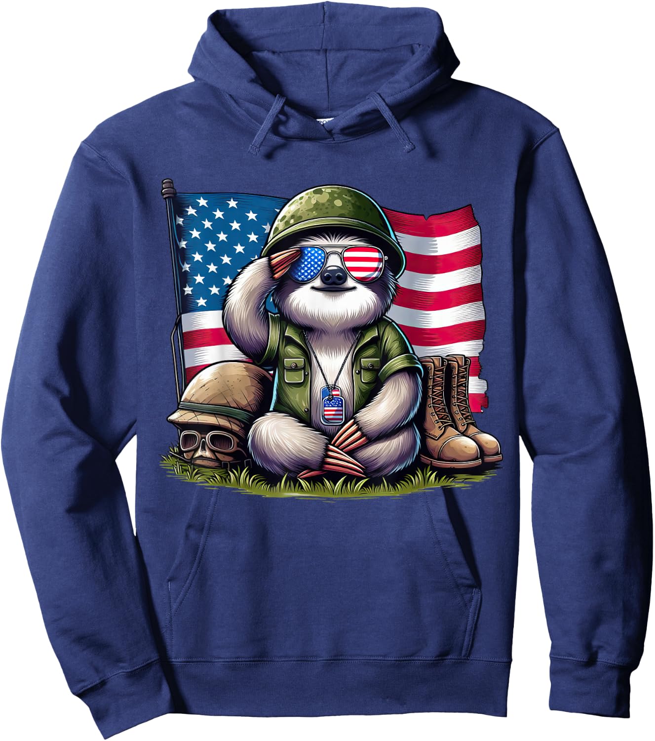 Salute Sloth American USA Flag Memorial Day 4th of July Hoodie - Hoodie | Navy