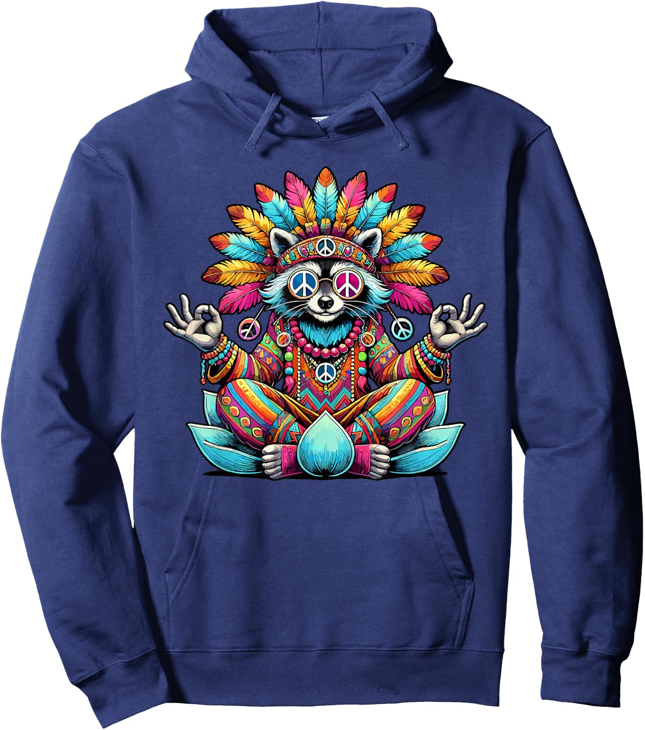 Raccoon Hippie Costume Peace Sign 70s 60s Party 70s 70s , Black, S Hoodie - Hoodie | Navy