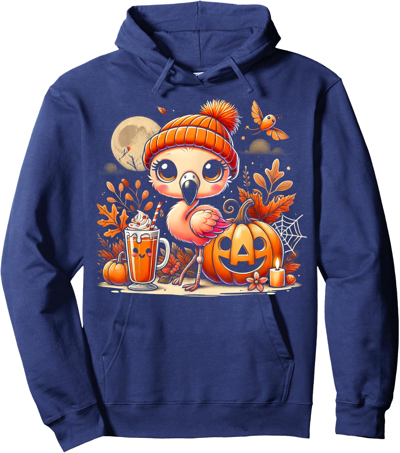 Cute flamingo in Autumn with Pumpkin Drink Hoodie - Hoodie | Navy