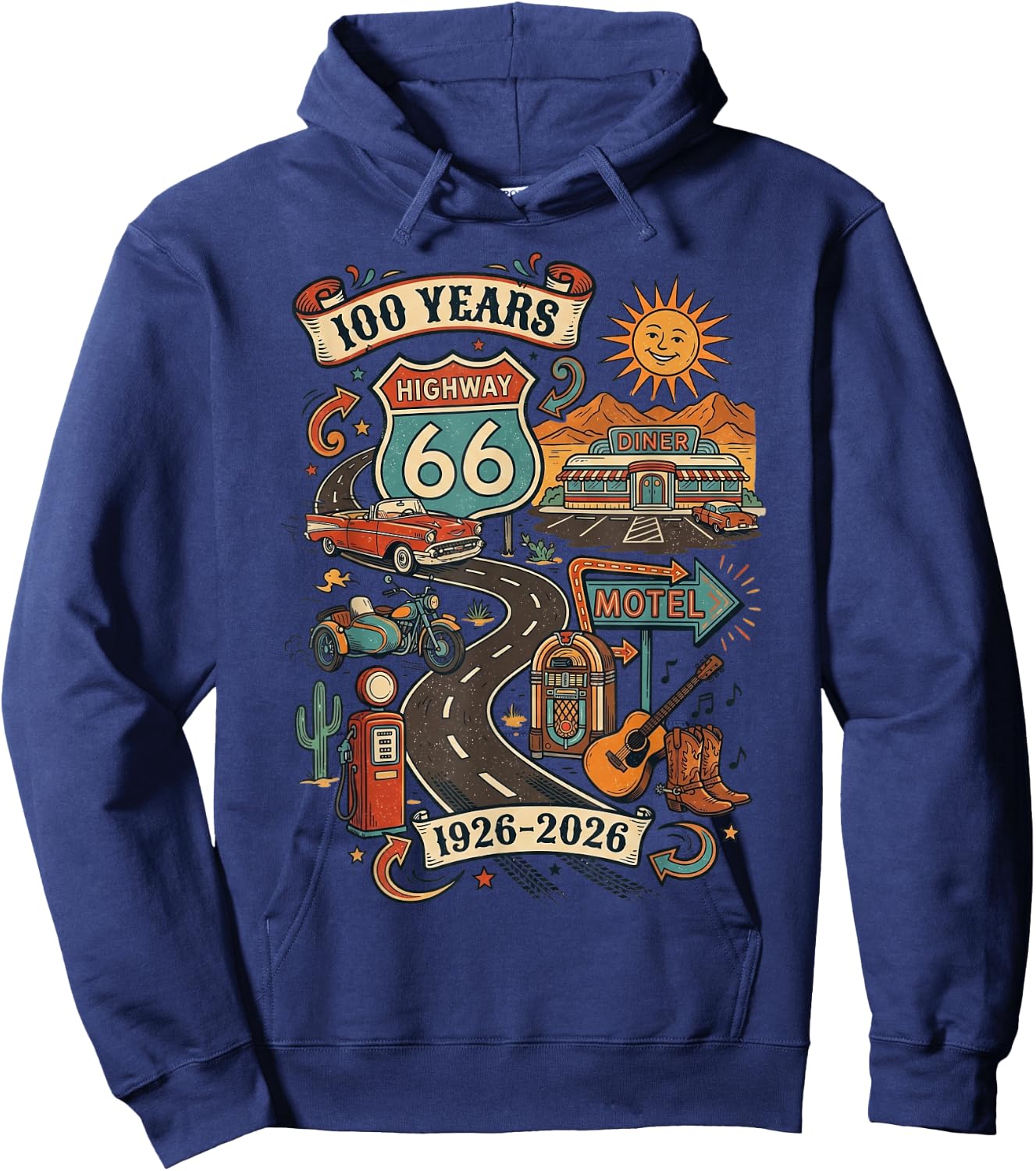 Highway 66 100 Years Centennial 1926-2026 Road Trip Vintage Hoodie - Hoodie | Navy
