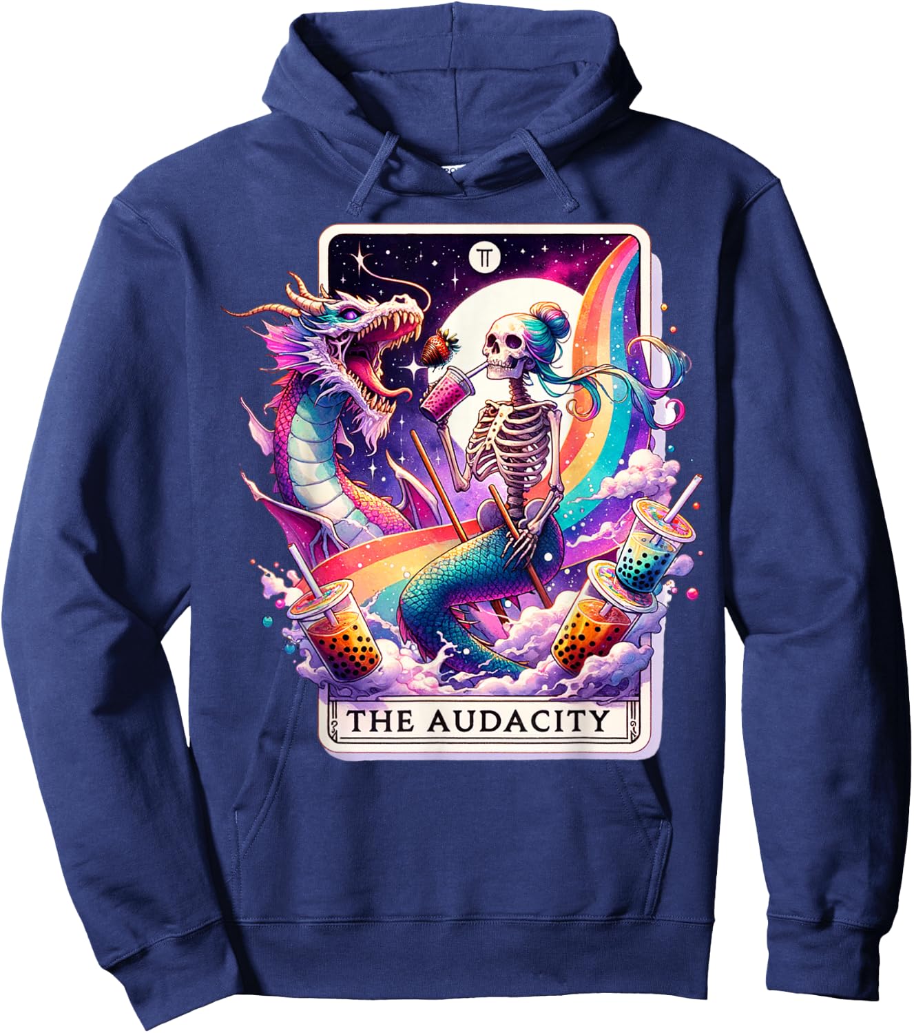 The Audacity Tarot Mermaid Skeleton Messy Bun Rainbow Boba Hoodie - Hoodie | Navy