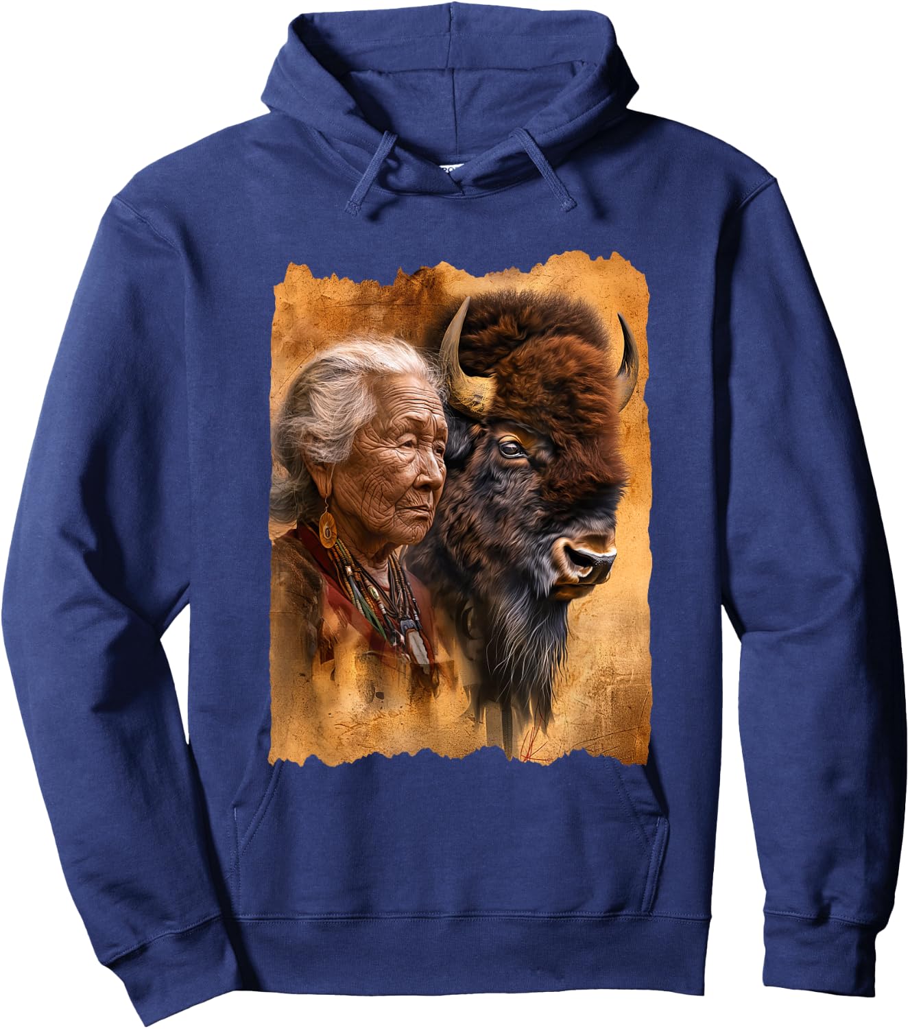 Native American Woman With Buffalo Or Bison Hoodie - Hoodie | Navy