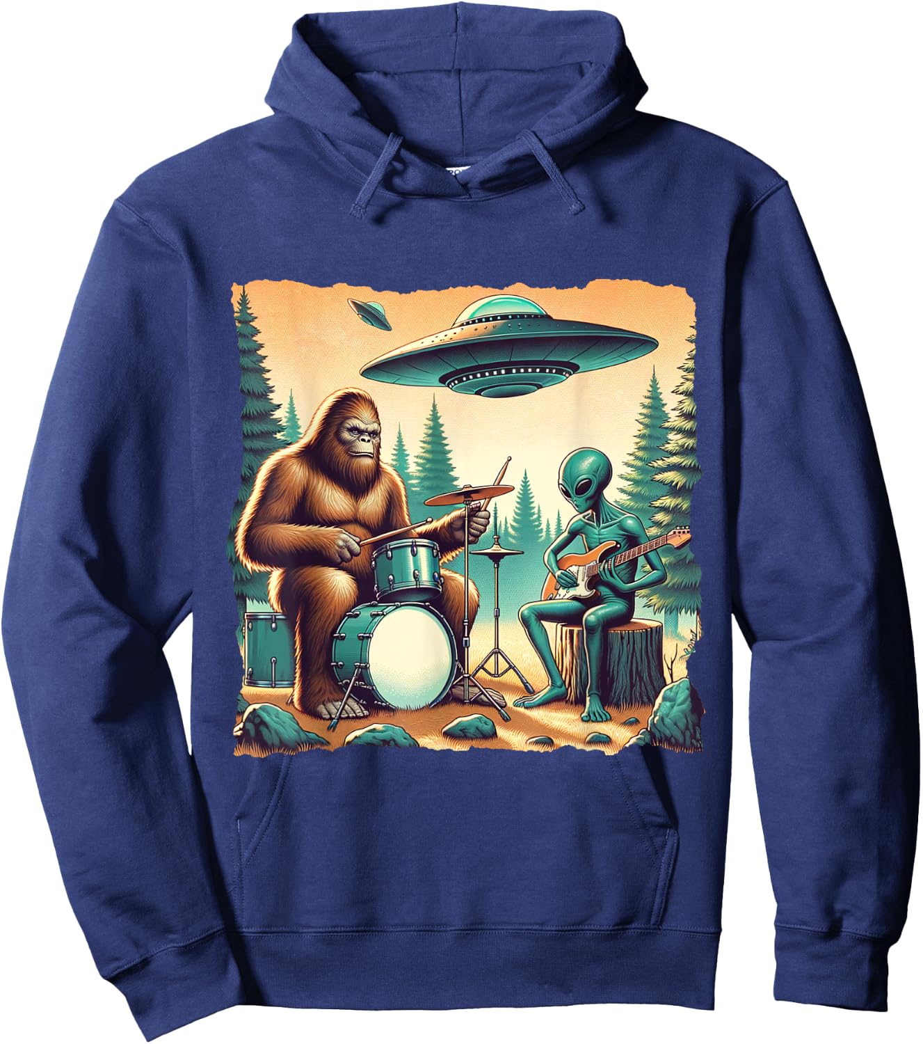 Funny UFO Alien and bigfoot lovers Bigfoot With Drums And Alien Playing Electric Guitar - -Adults, -Kids - Black - Small - Short Sleeve Hoodie - Hoodie | Navy