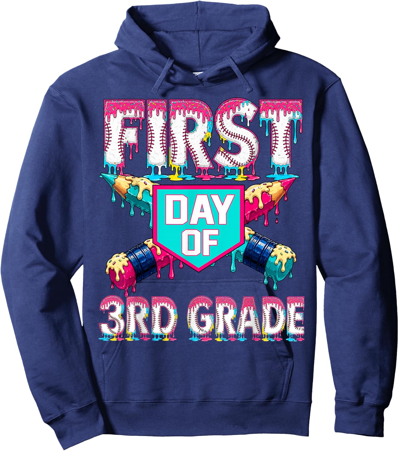 First Day School 3rd Grade Third Drip Baseball Teacher Boy Hoodie - Hoodie | Navy