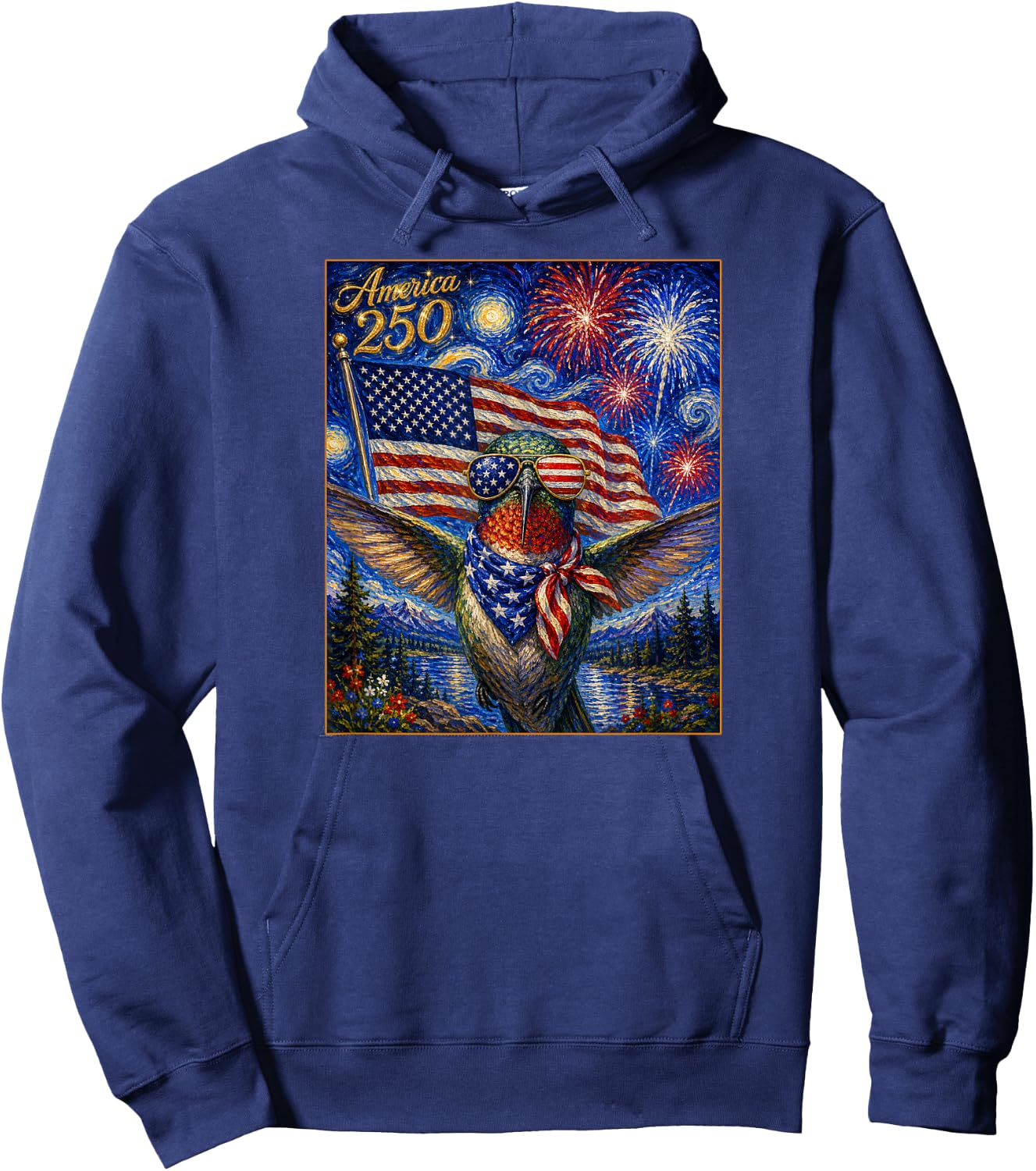 Hummingbird Art on America 250 4th of July USA Flag Bird Hoodie - Hoodie | Navy