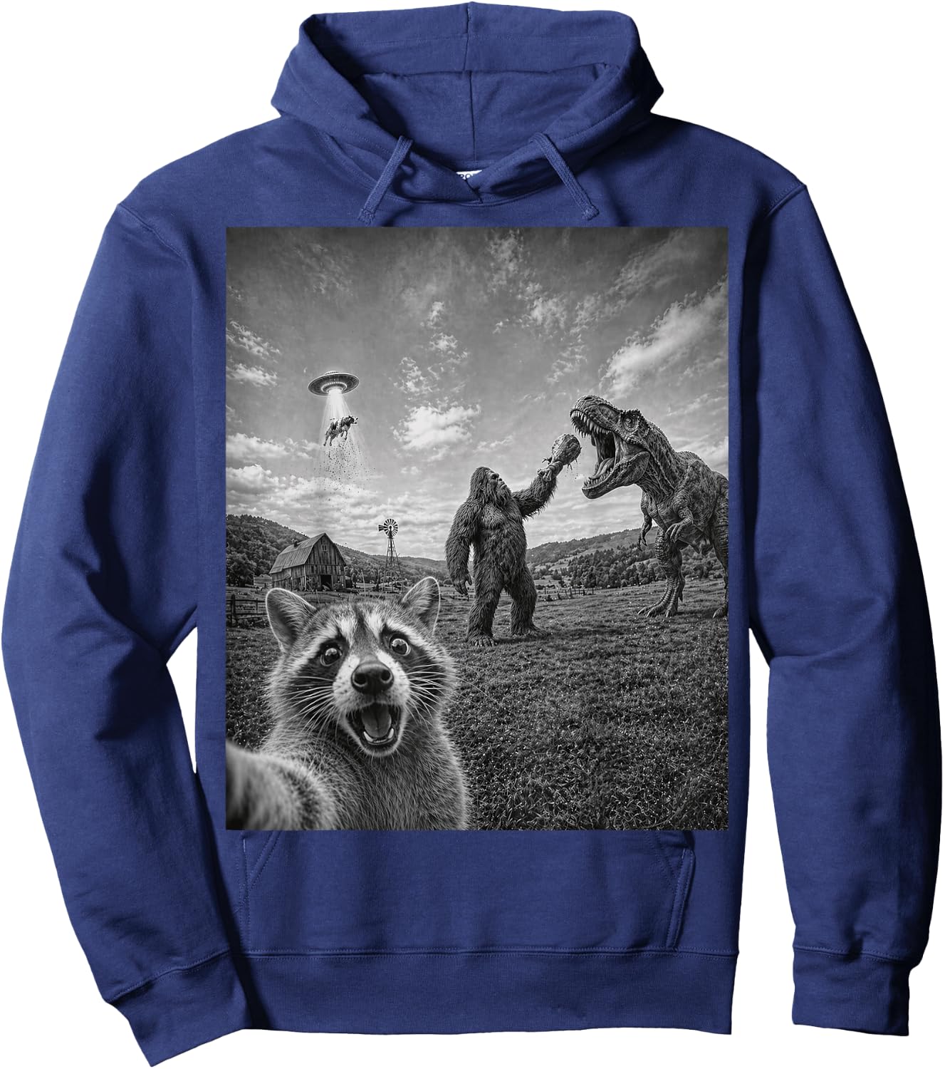 Funny Raccoon Selfie with Bigfoot T Rex Dinosaur and UFO Hoodie - Hoodie | Navy
