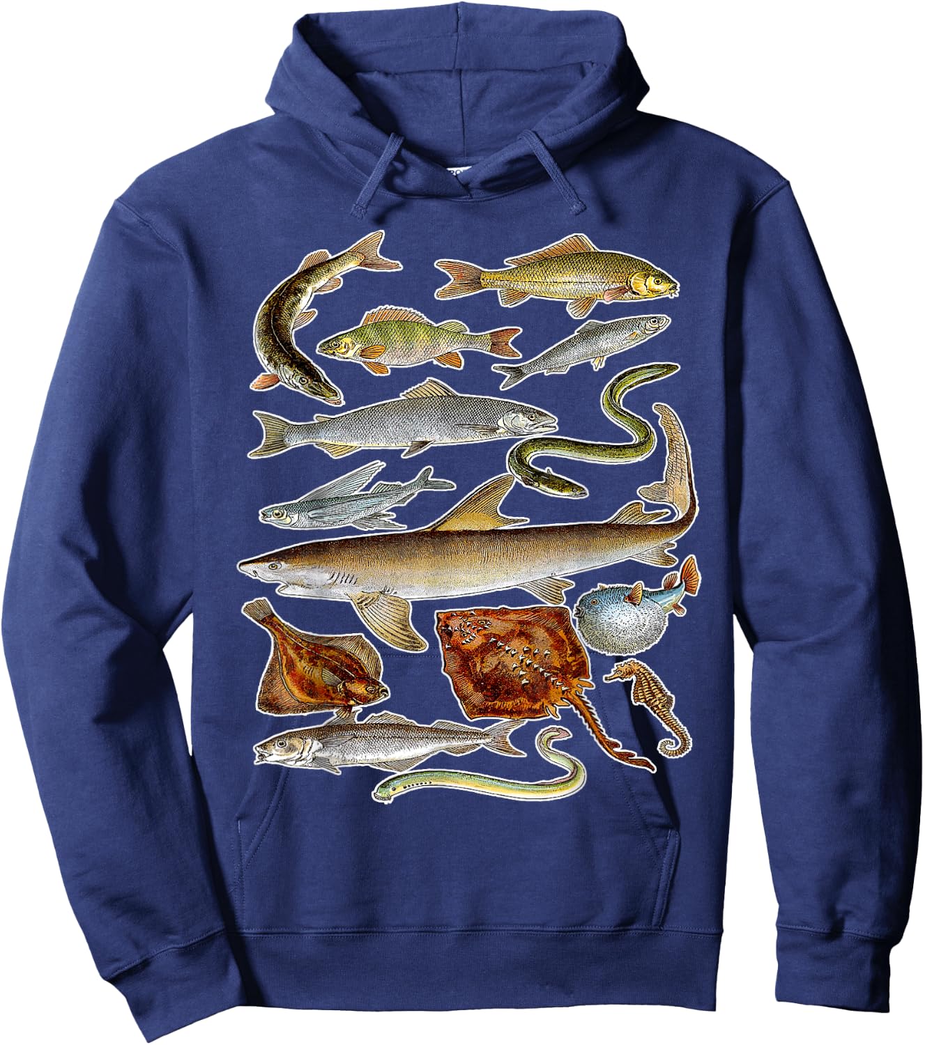 Sea Animals - Fish Sharks and Eels Illustration Hoodie - Hoodie | Navy