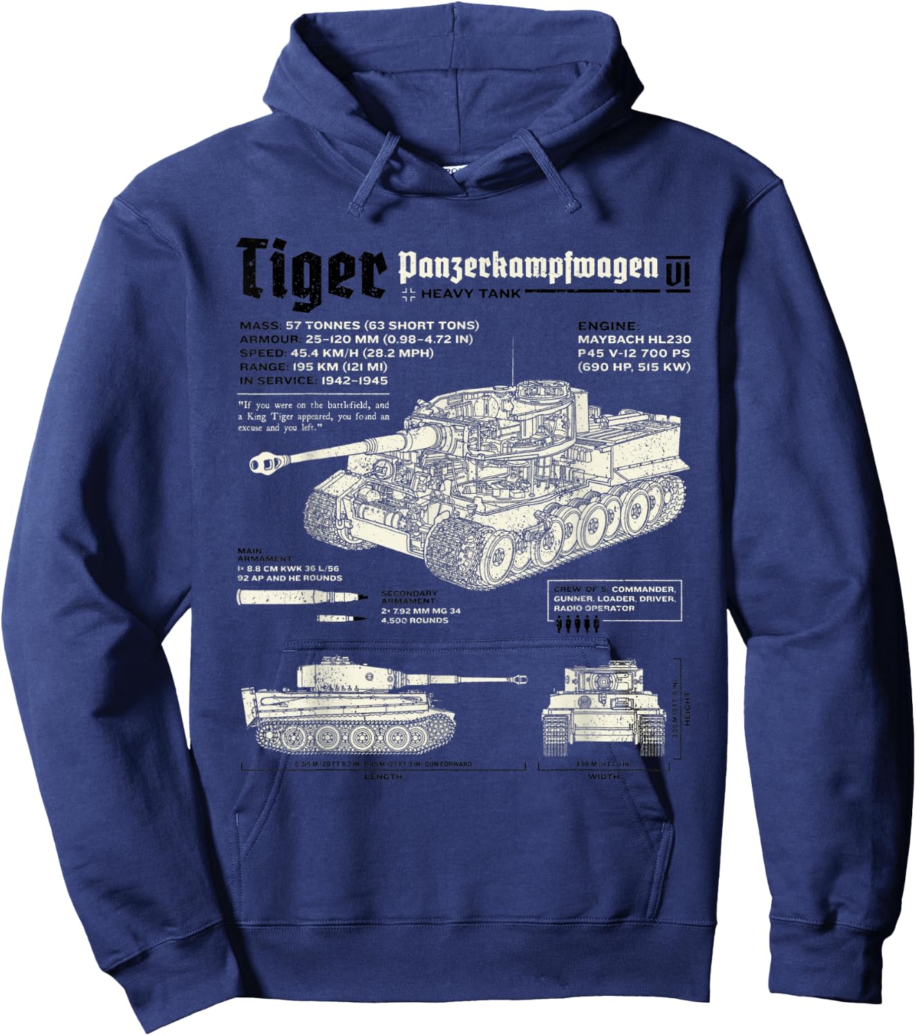 Tiger Tank Panzer World War 2 Blueprint Hoodie - Hoodie | Navy