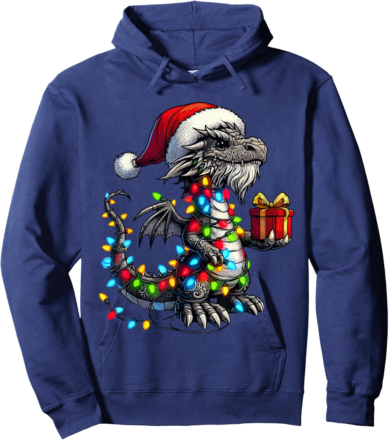 Dragon Wearing Santa Claus Hat Holding A Present Box Xmas Hoodie - Hoodie | Navy