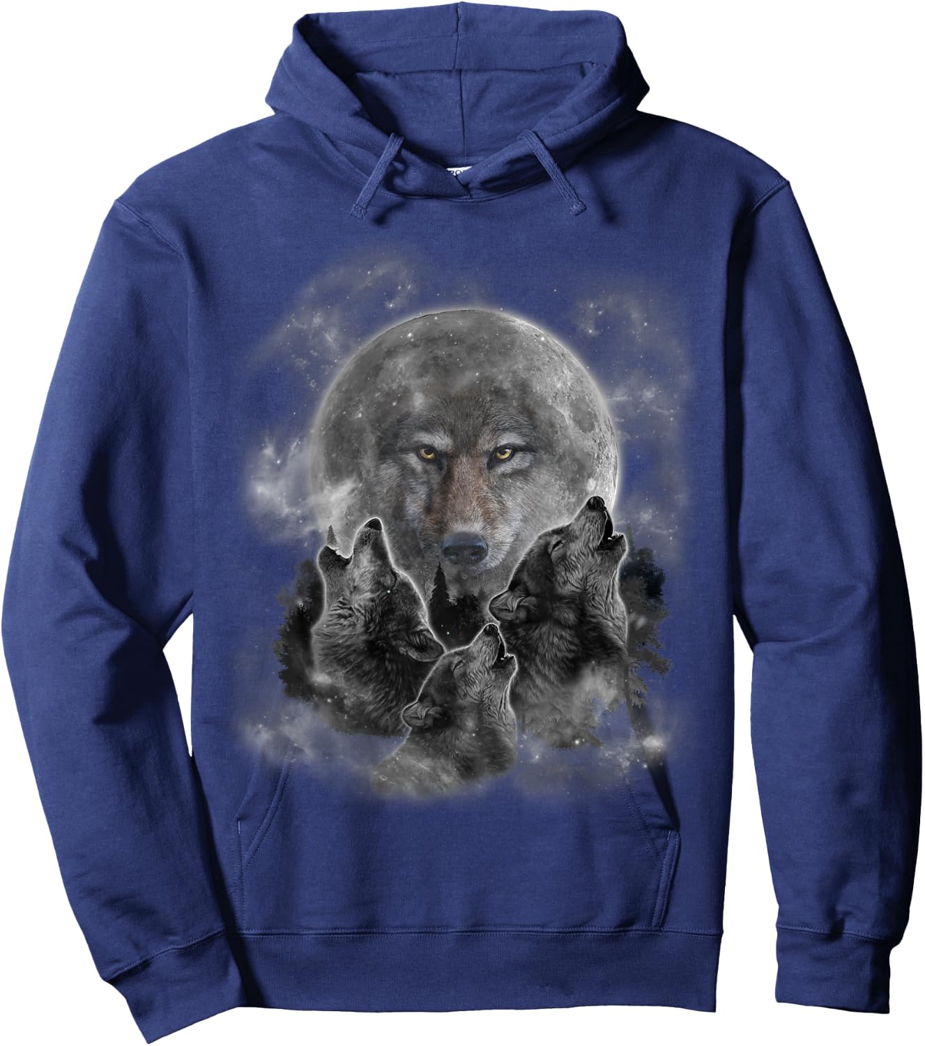 Three Wolves Howling, Full Moon w Wolf Silhouette Hoodie - Hoodie | Navy