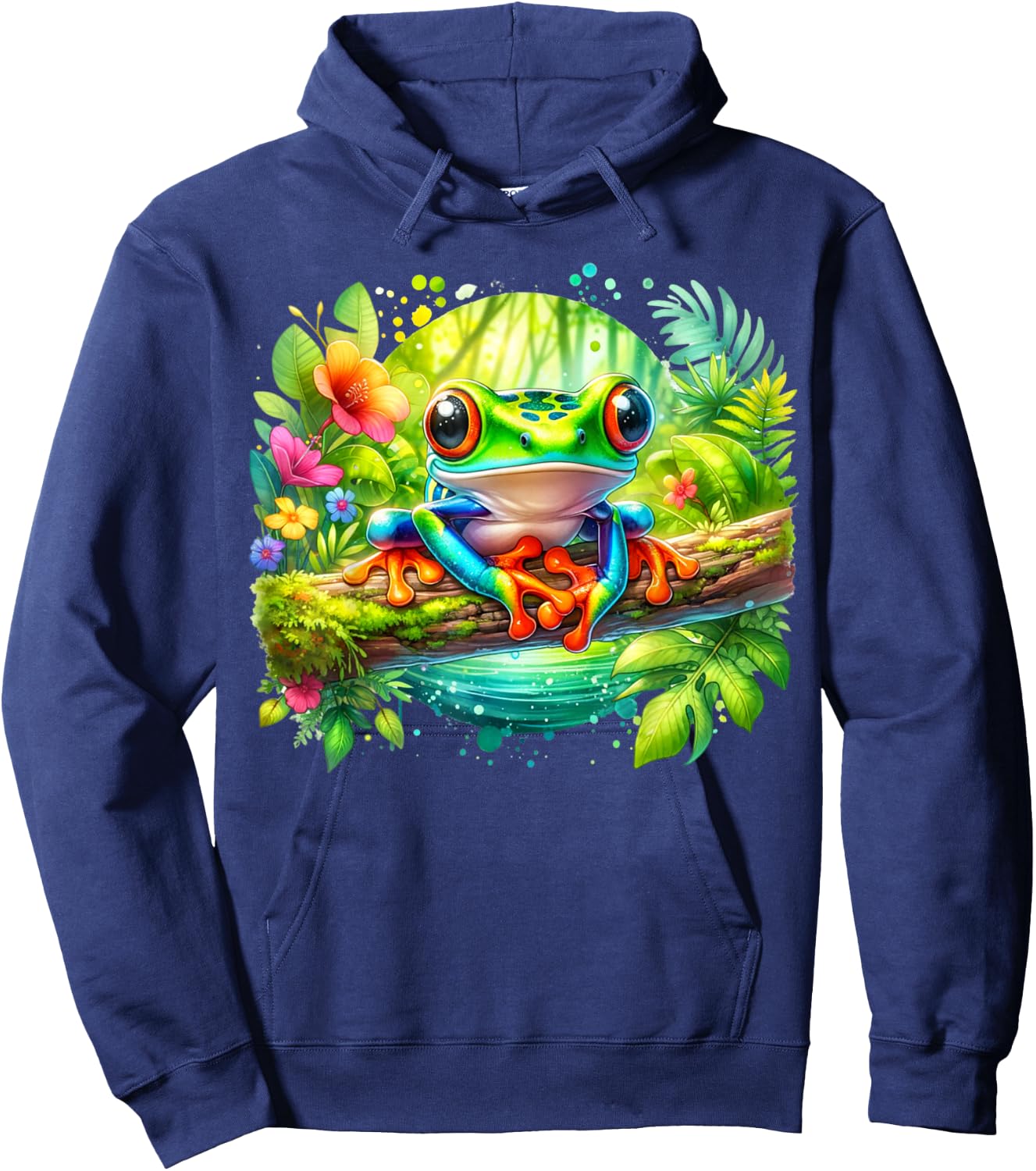 Cute Red Eyed Tree Frog In Vibrant Tropical Jungle Setting Hoodie - Hoodie | Navy