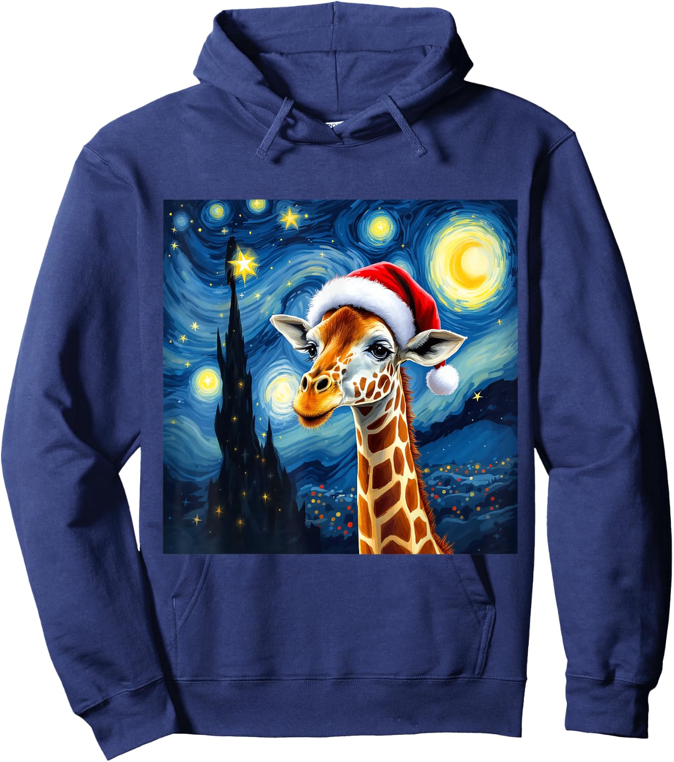 Christmas Giraffe Santa Hat Van Gogh Starry Night Holiday Hoodie - Hoodie | Navy