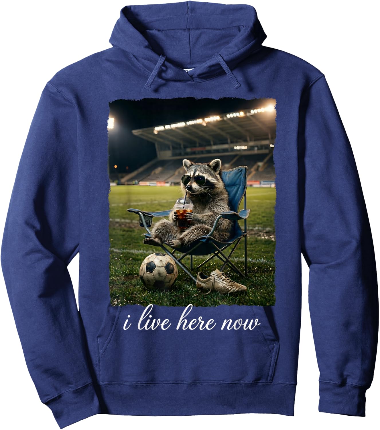 I Live Here Now Soccer Funny Raccoon Iced Coffee Hoodie - Hoodie | Navy