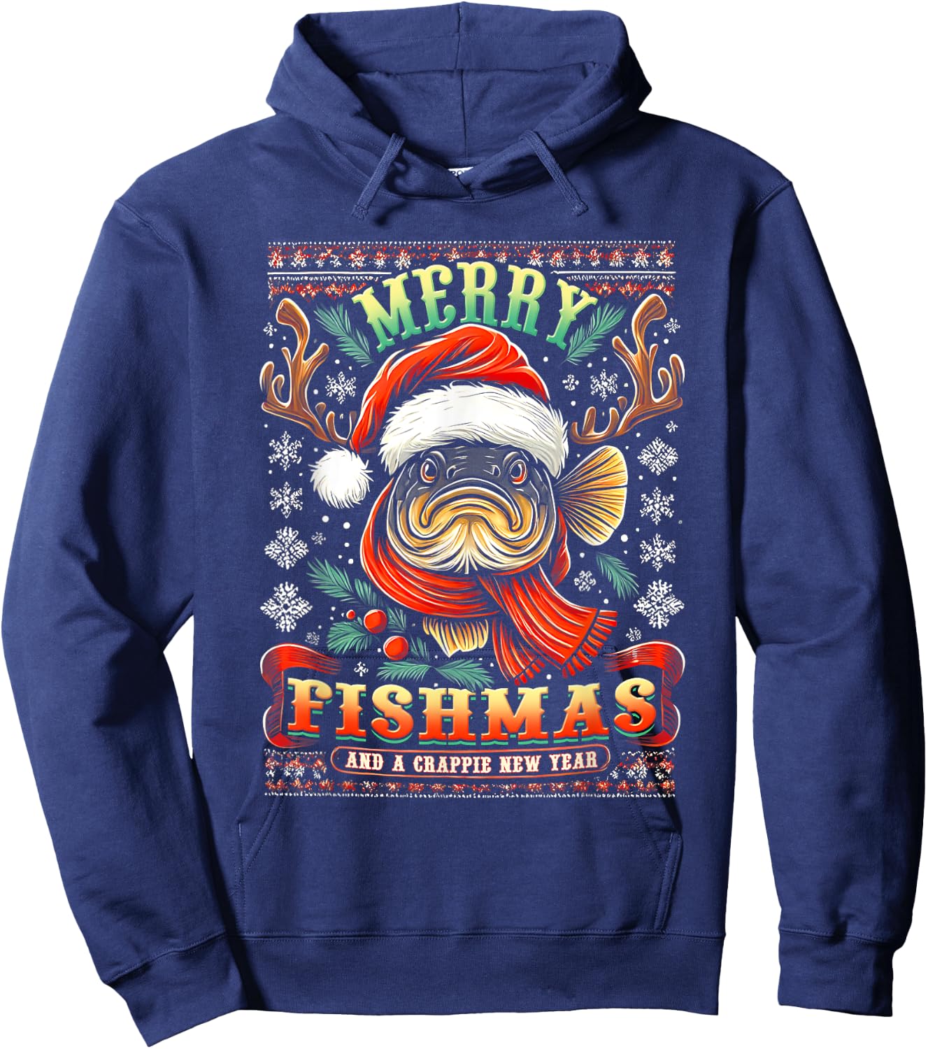 Merry Fishmas And A Crappie New Year Funny Fishing Saying Hoodie - Hoodie | Navy