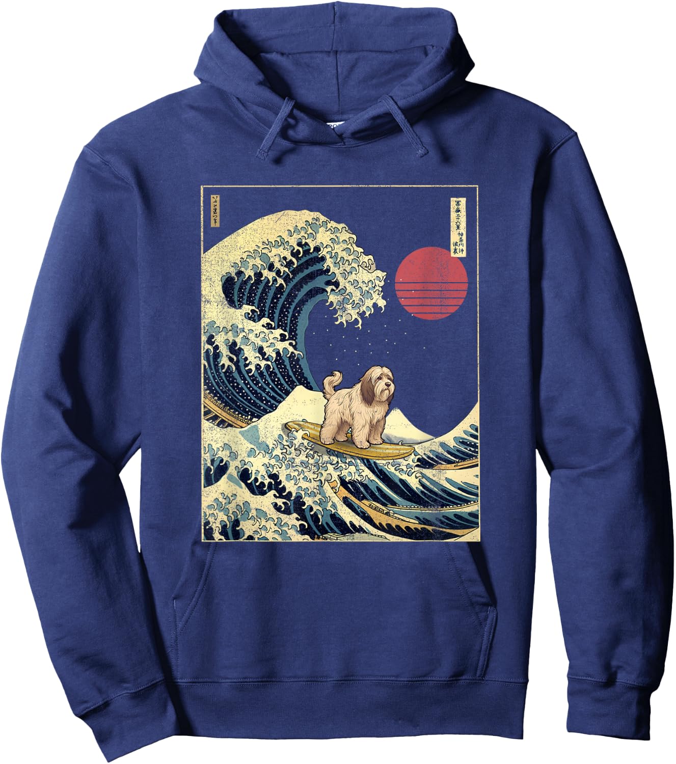 Tibetan Terrier Japanese Kanagawa Wave Funny Surf Dog Hoodie - Hoodie | Navy