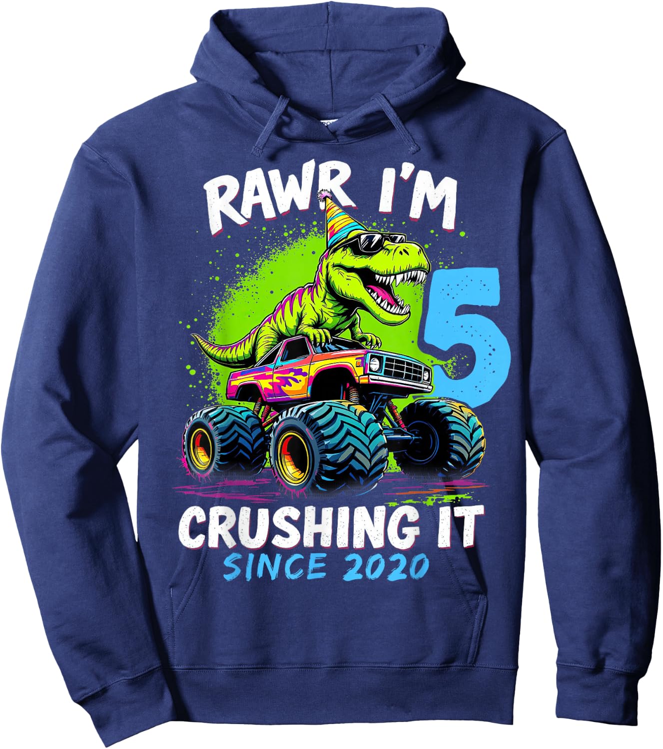 5th Birthday Monster Truck Dinosaur Party Boys Rawr I'm 5 Hoodie - Hoodie | Navy
