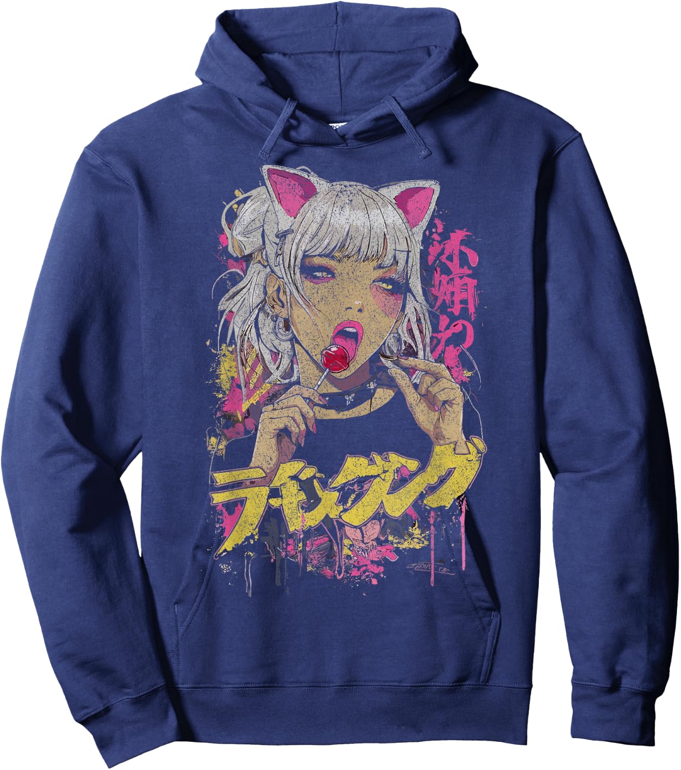 Japanese Streetwear Anime Girl Lolly Cyberpunk Y2K Anime Hoodie - Hoodie | Navy