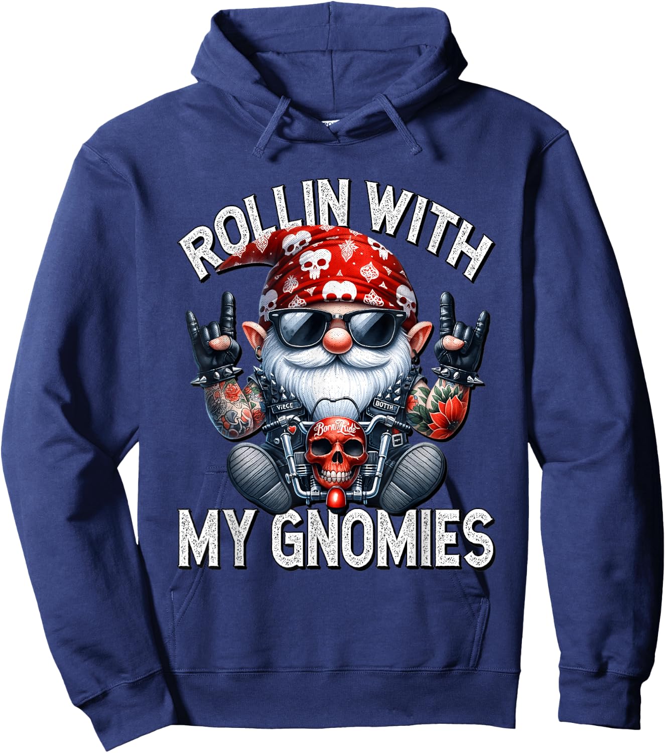 Funny Motorcycle Gnome For Biker Dad Rollin With My Gnomies Hoodie - Hoodie | Navy