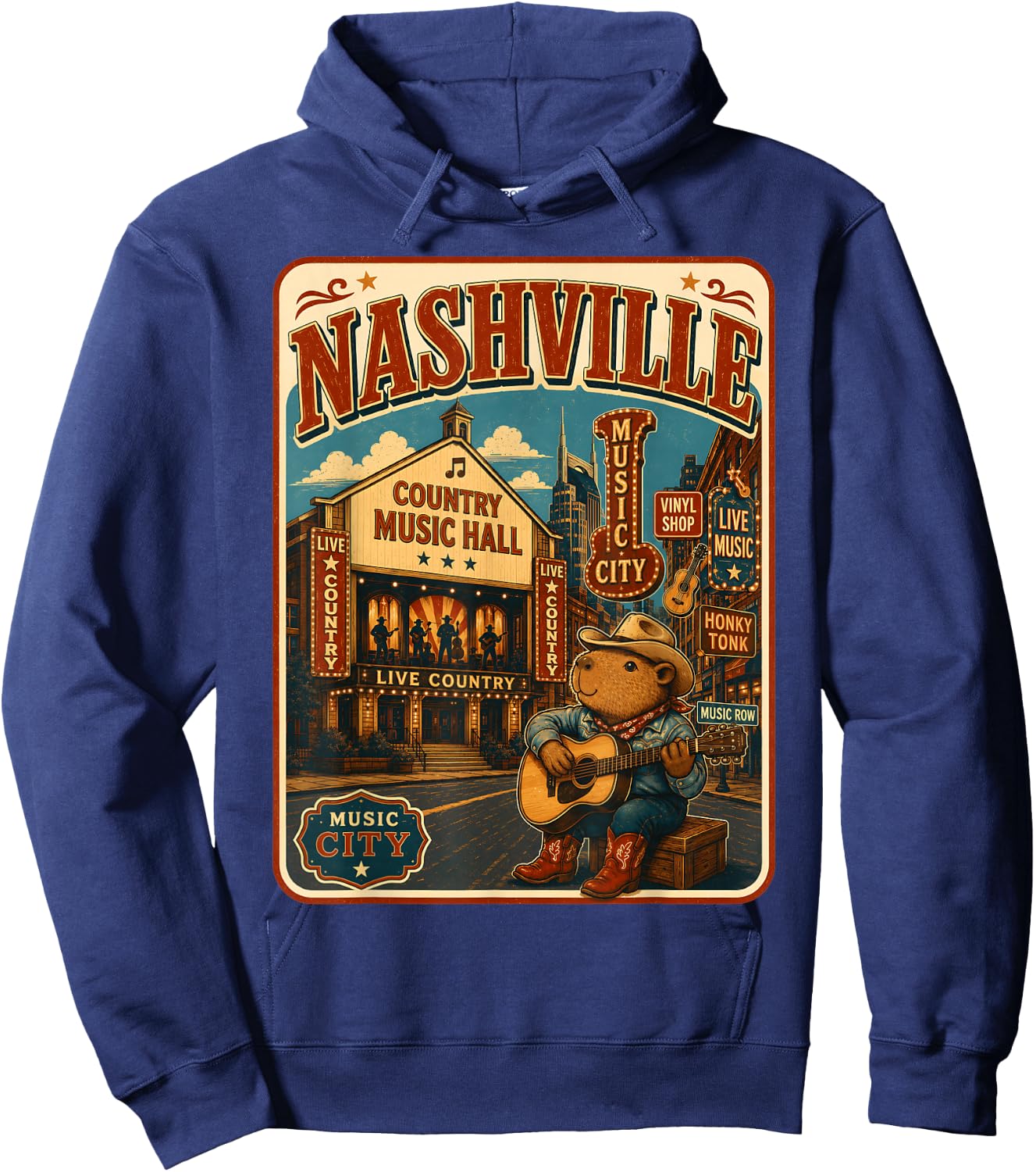 Nashville Capybara Travel Postcard Country Guitar Hoodie - Hoodie | Navy