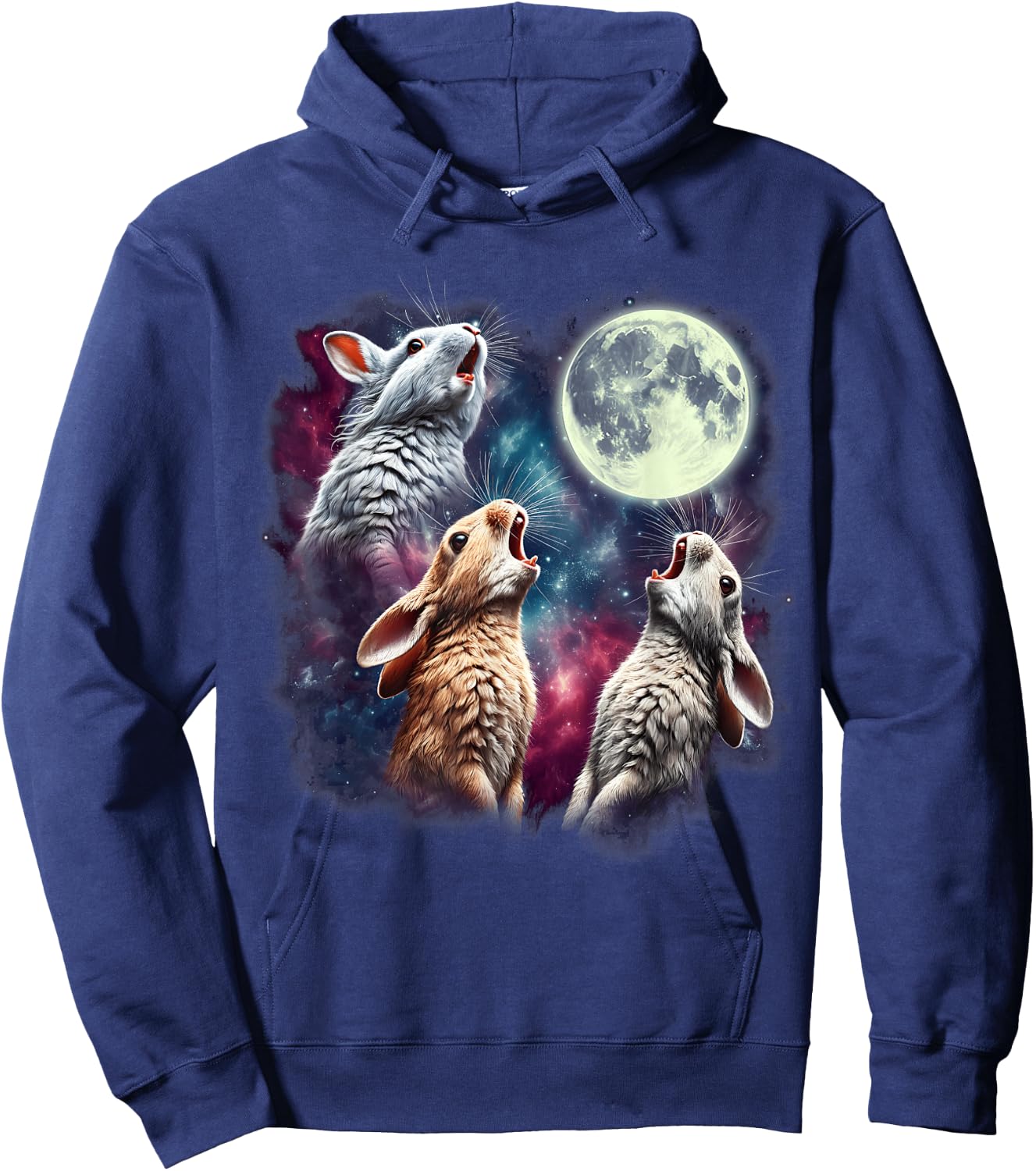Three Rabbits Howling at Moon Funny Bunny Weird Cursed Meme Hoodie - Hoodie | Navy