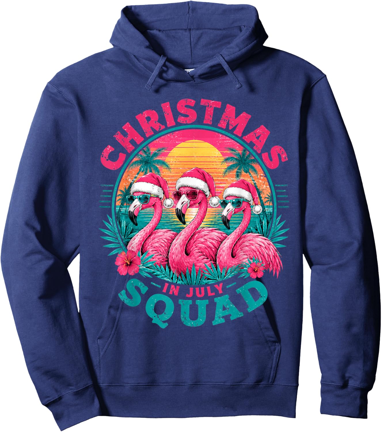 Christmas in July Flamingo Squad Beach Sunset Hoodie - Hoodie | Navy