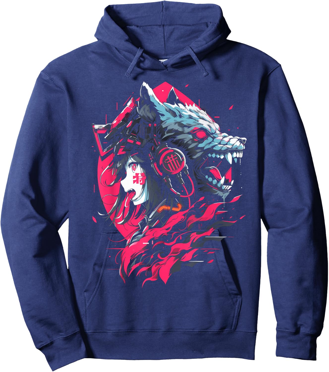 Anime Manga Cyberpunk Aesthetic Techwear Harajuku Wolf , black Hoodie - Hoodie | Navy