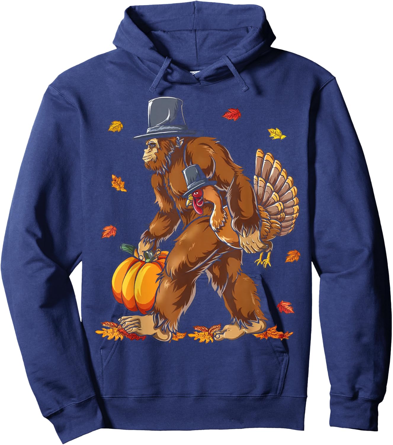 Bigfoot Pilgrim Turkey Pumpkin Funny Thanksgiving Sasquatch Hoodie - Hoodie | Navy