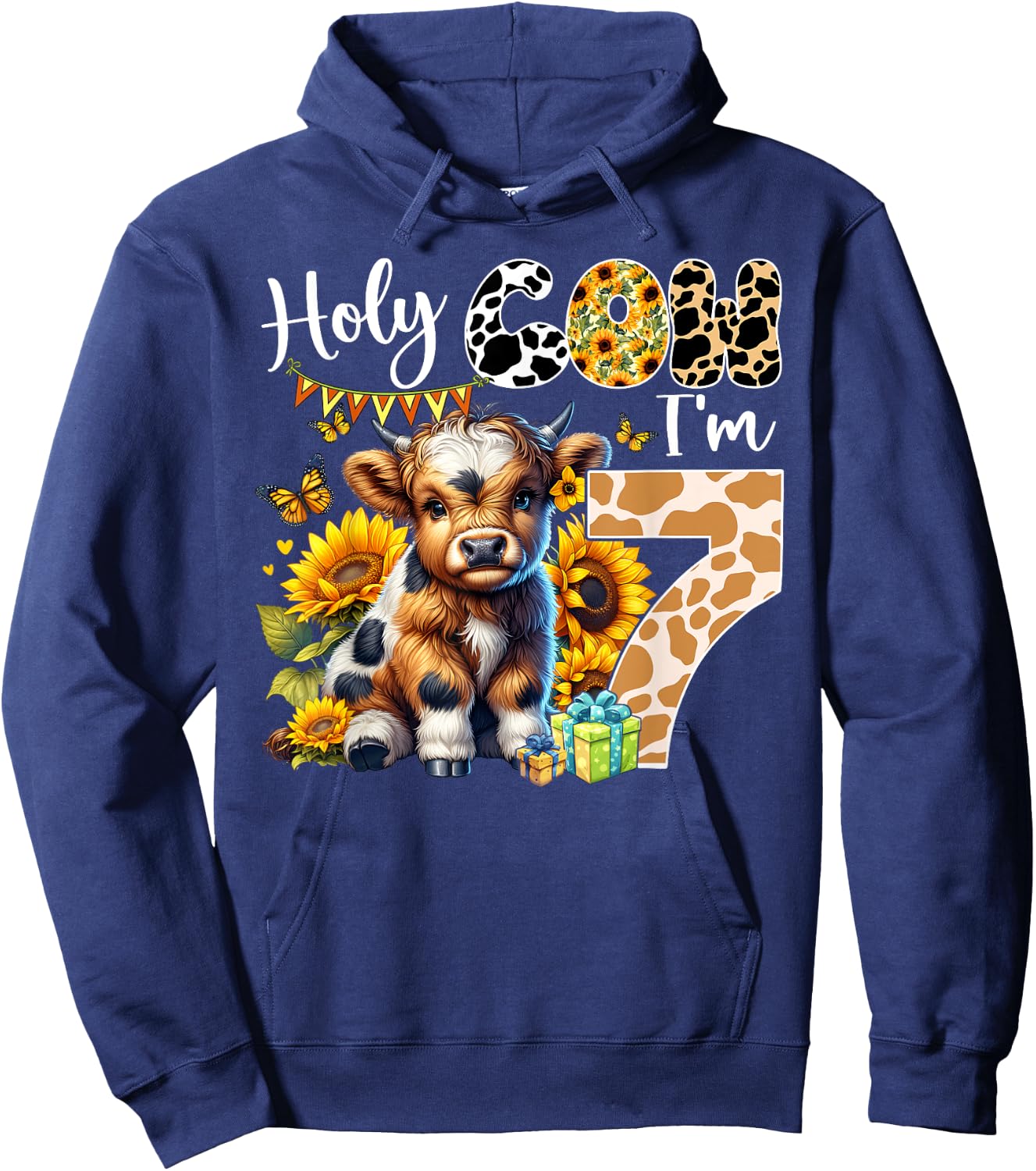 Holy Cow I’m 7 Years Old Dairy Cow Sunflowers 7th Birthday Hoodie - Hoodie | Navy
