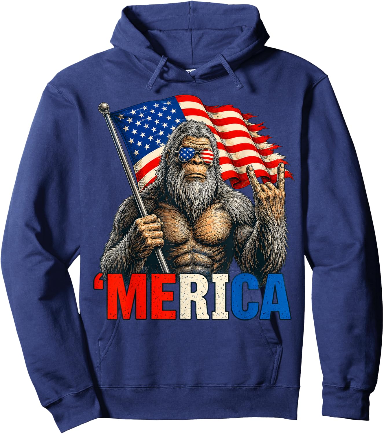 Bigfoot Merica Rock American Flag Patriotic 4th of July Hoodie - Hoodie | Navy