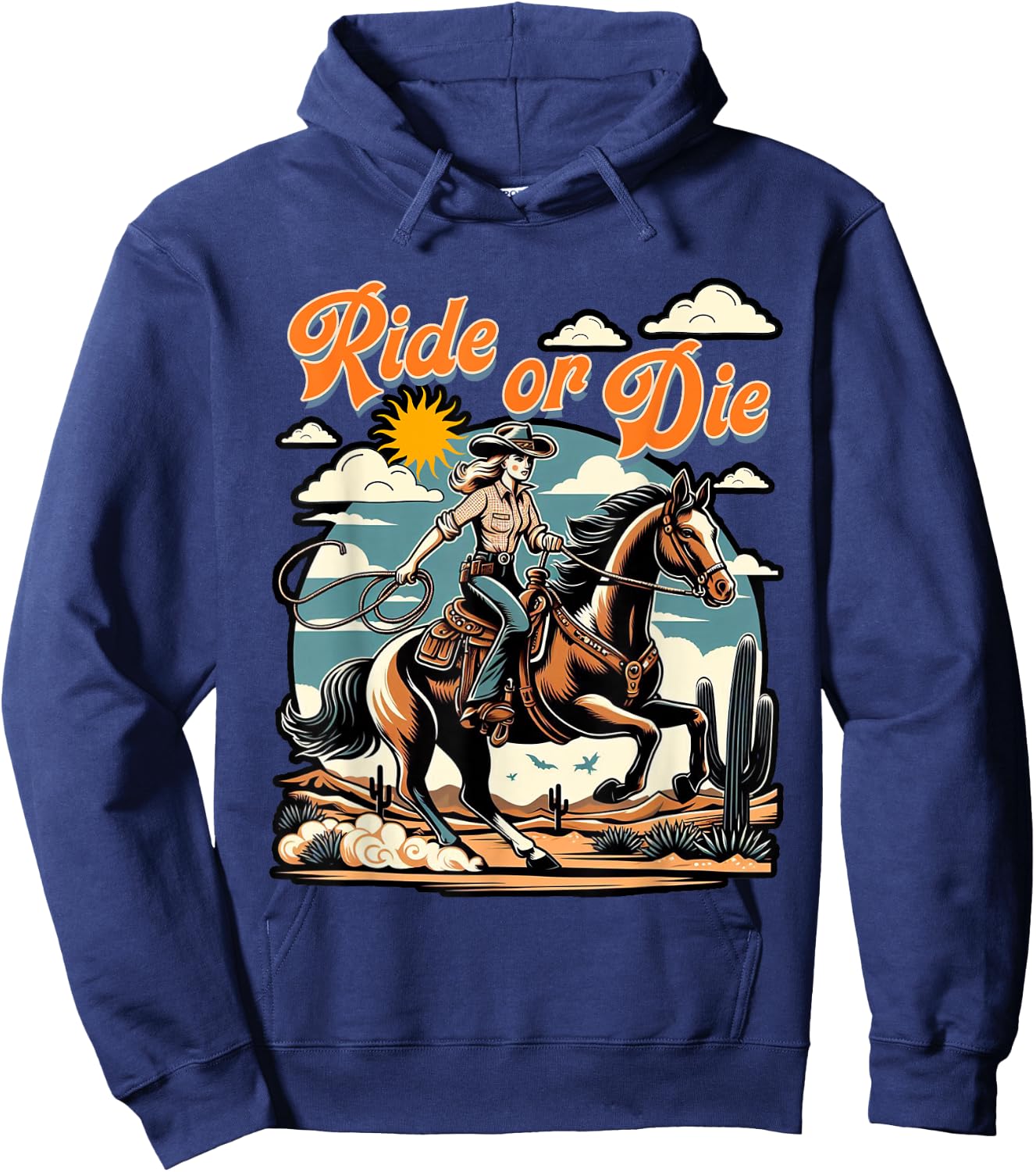 Vintage 1950s Cowgirl Horse Ride Or Die Country Western Life Hoodie - Hoodie | Navy