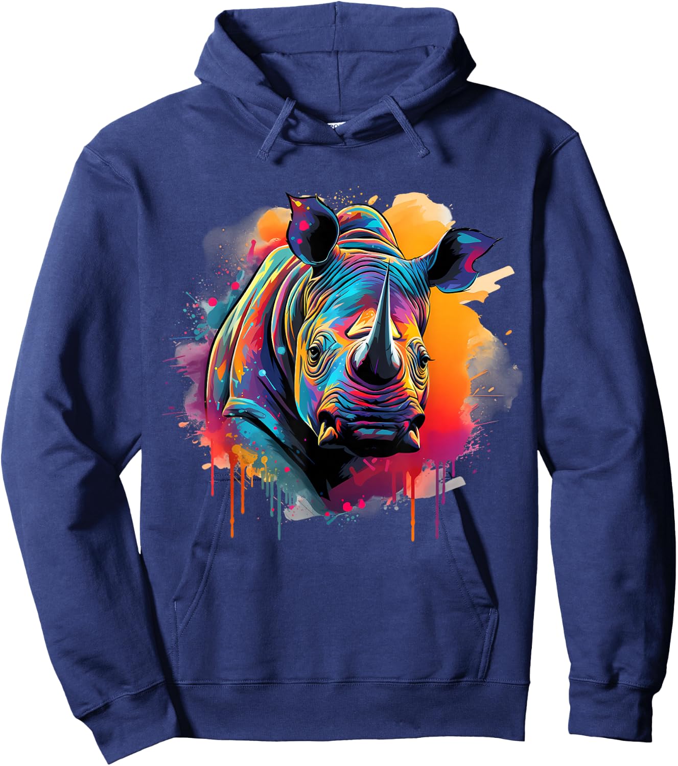 Rhinoceros Artwork Portrait Animal Art Colorful Splash Rhino Hoodie - Hoodie | Navy