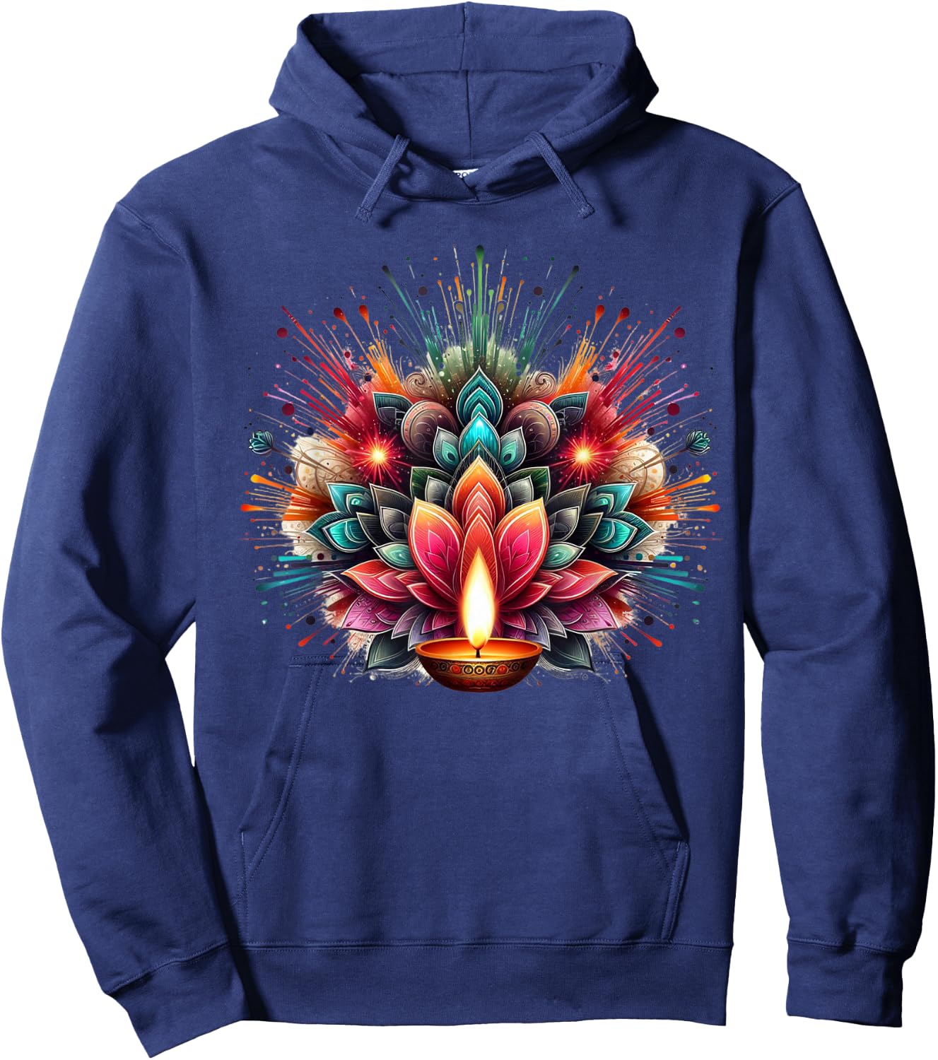 PV Mata Diwali Diya Explosion of Colors -Adults , Black, Small, Short Sleeve Hoodie - Hoodie | Navy
