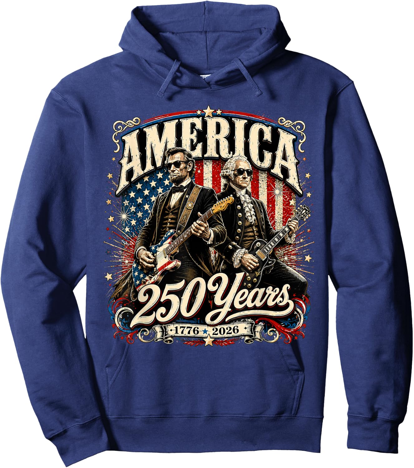 Vintage Washington Lincoln Playing Guitar 250 Years America Hoodie - Hoodie | Navy