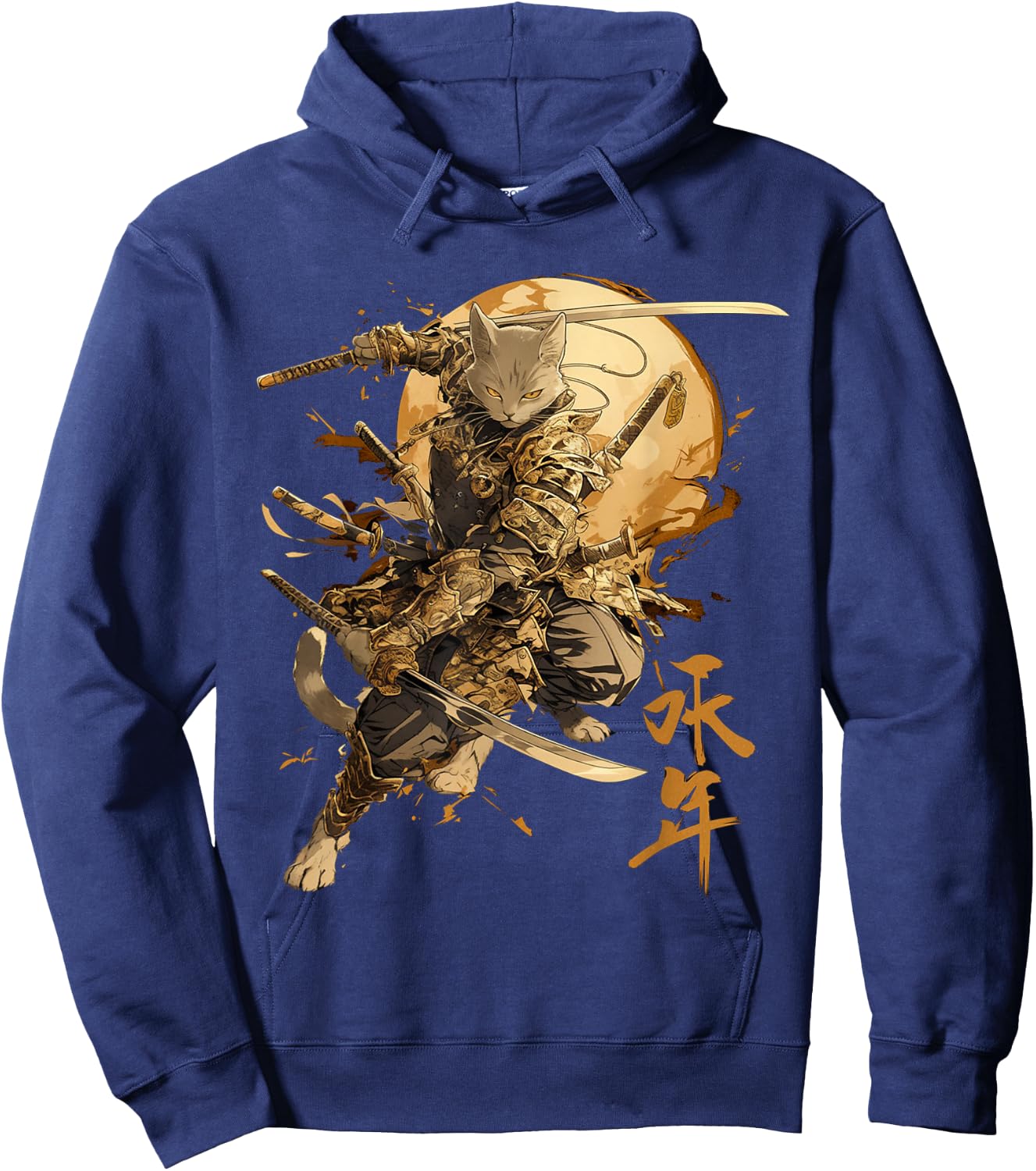Japanese Art Cat Ninja Ukiyo-e Anime Style Samurai Cat , Black, S Hoodie - Hoodie | Navy