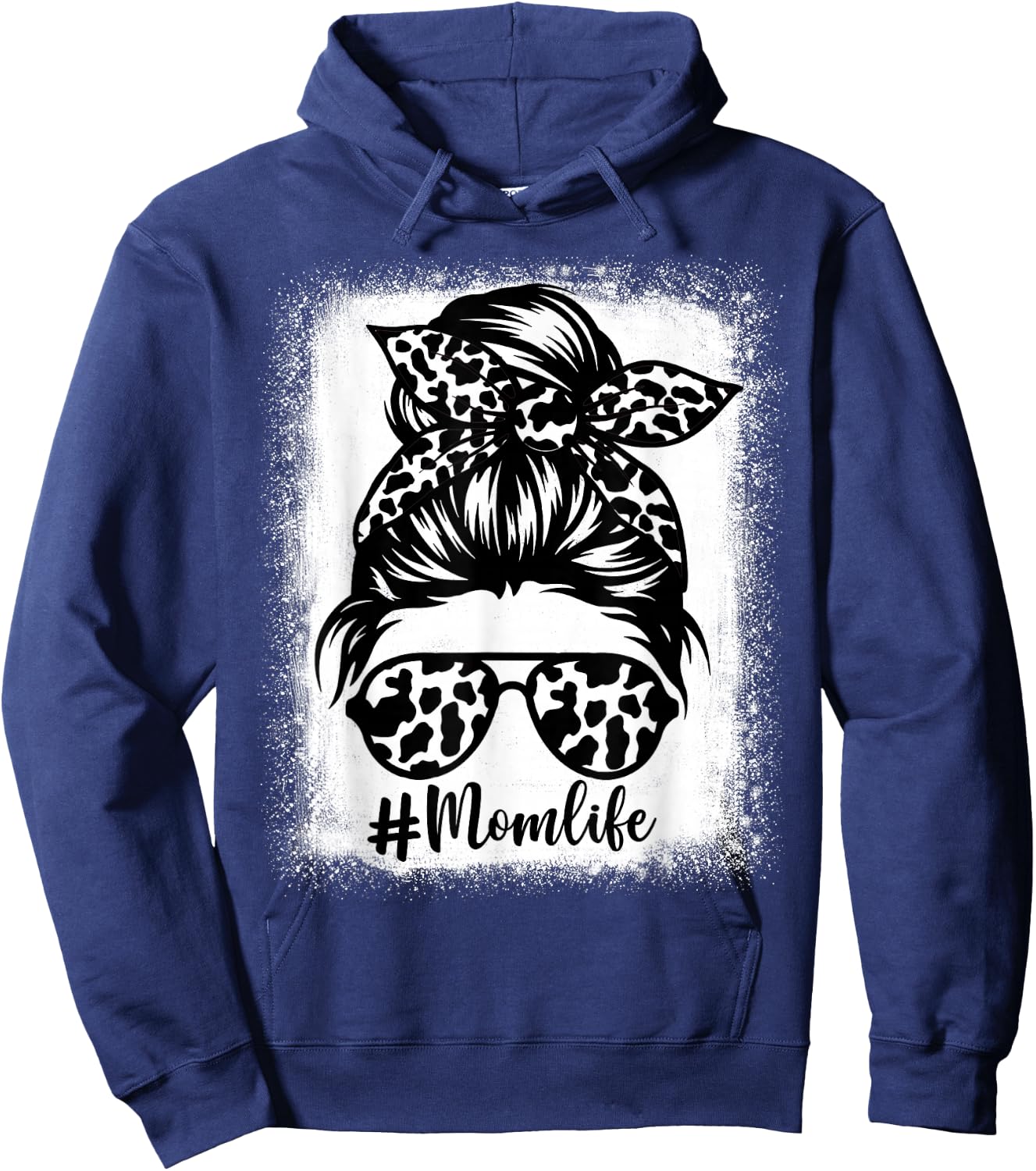 Women Mom Life Cow print Bleached, Cow Mama Heifer Messy Bun Hoodie - Hoodie | Navy