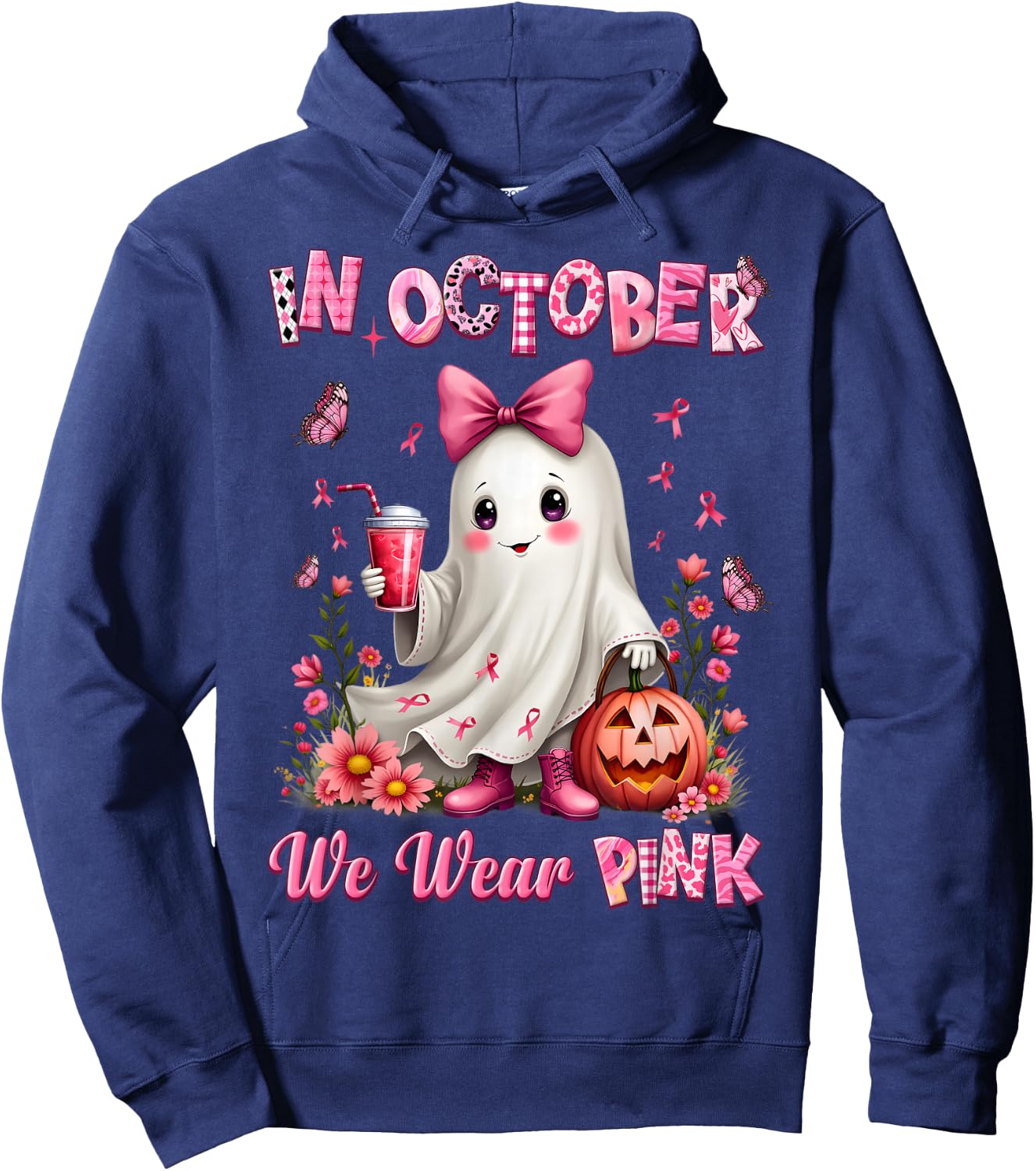 In October We Wear Pink Ghost Breast Cancer Awareness Hoodie - Hoodie | Navy