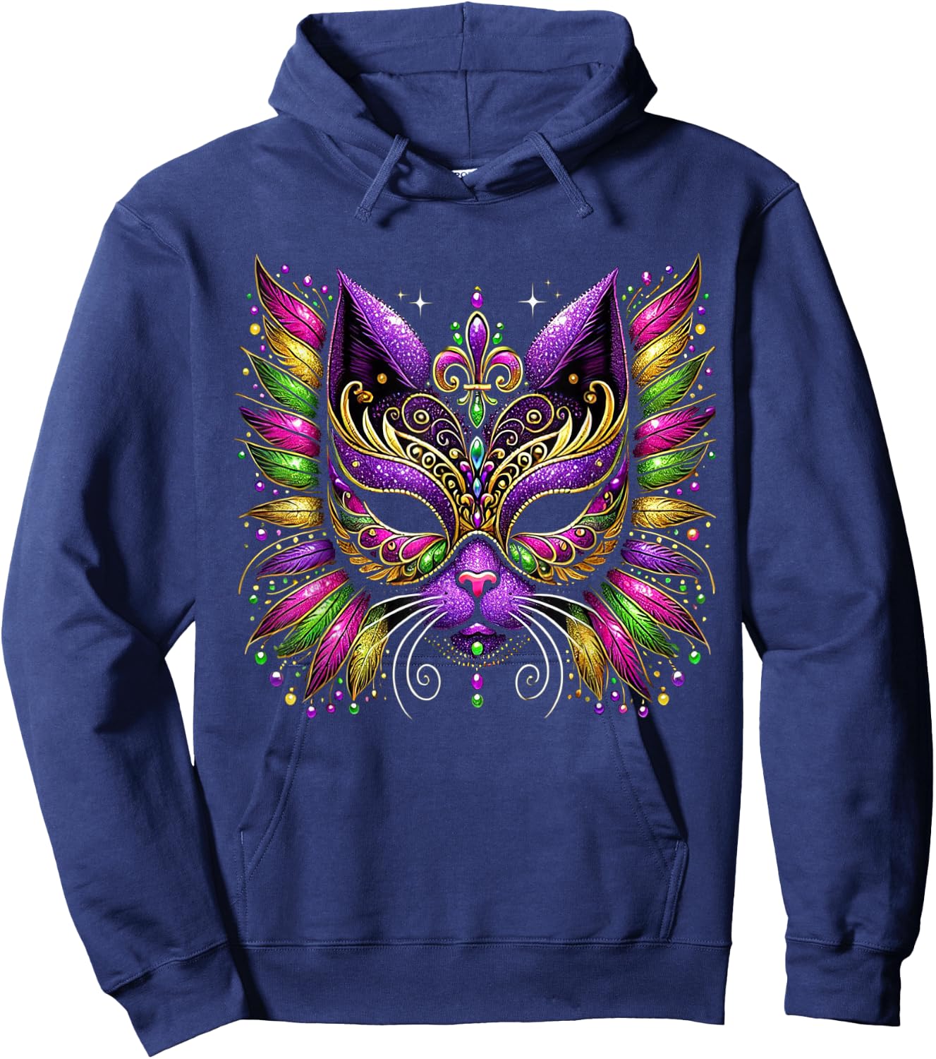 Mardi Gras Cat Mask New Orleans Women Kids Mardi Gras 2025 Hoodie - Hoodie | Navy
