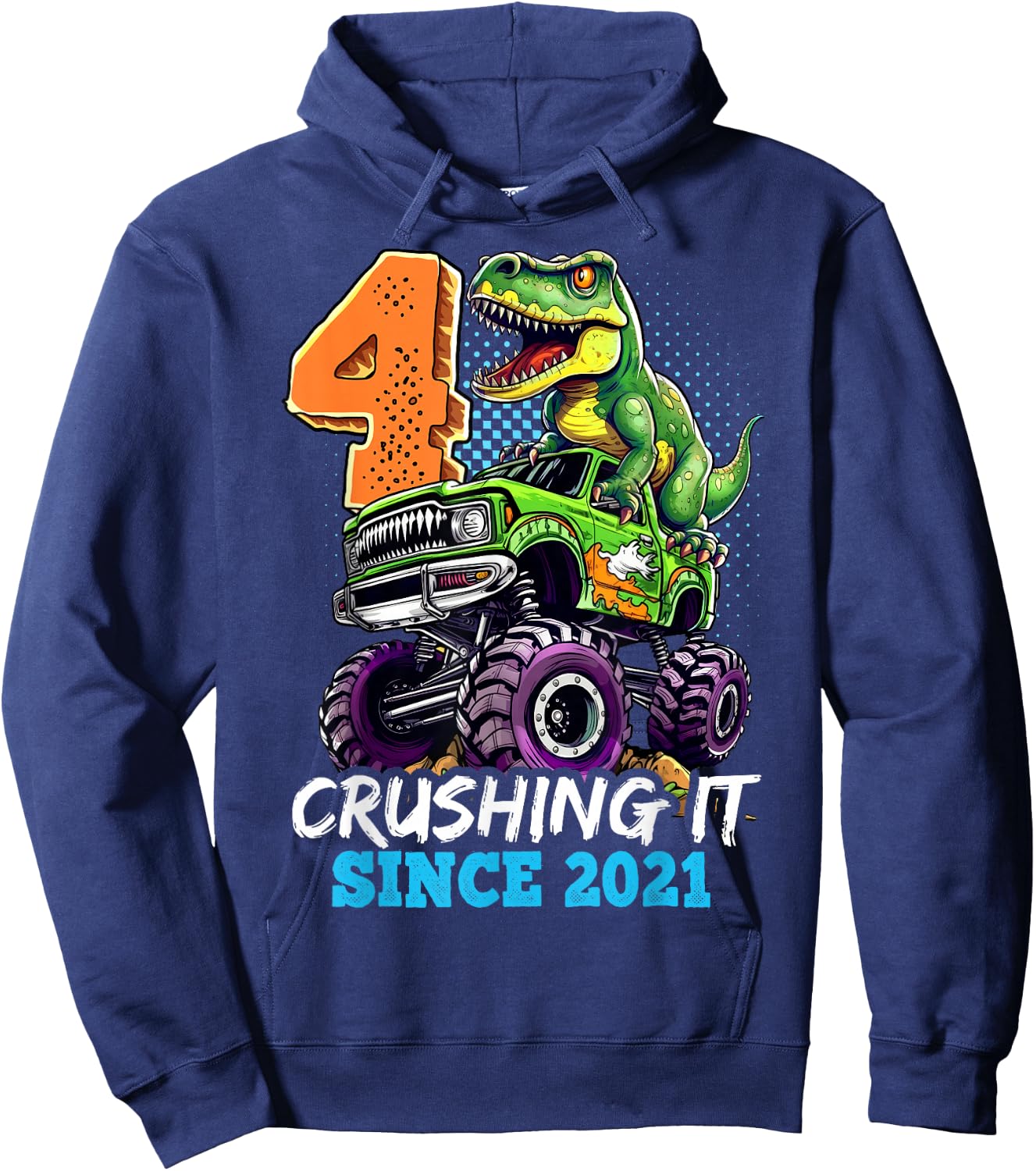 4th Birthday Monster Truck Dinosaur Party Boys Rawr I'm 4 Hoodie - Hoodie | Navy