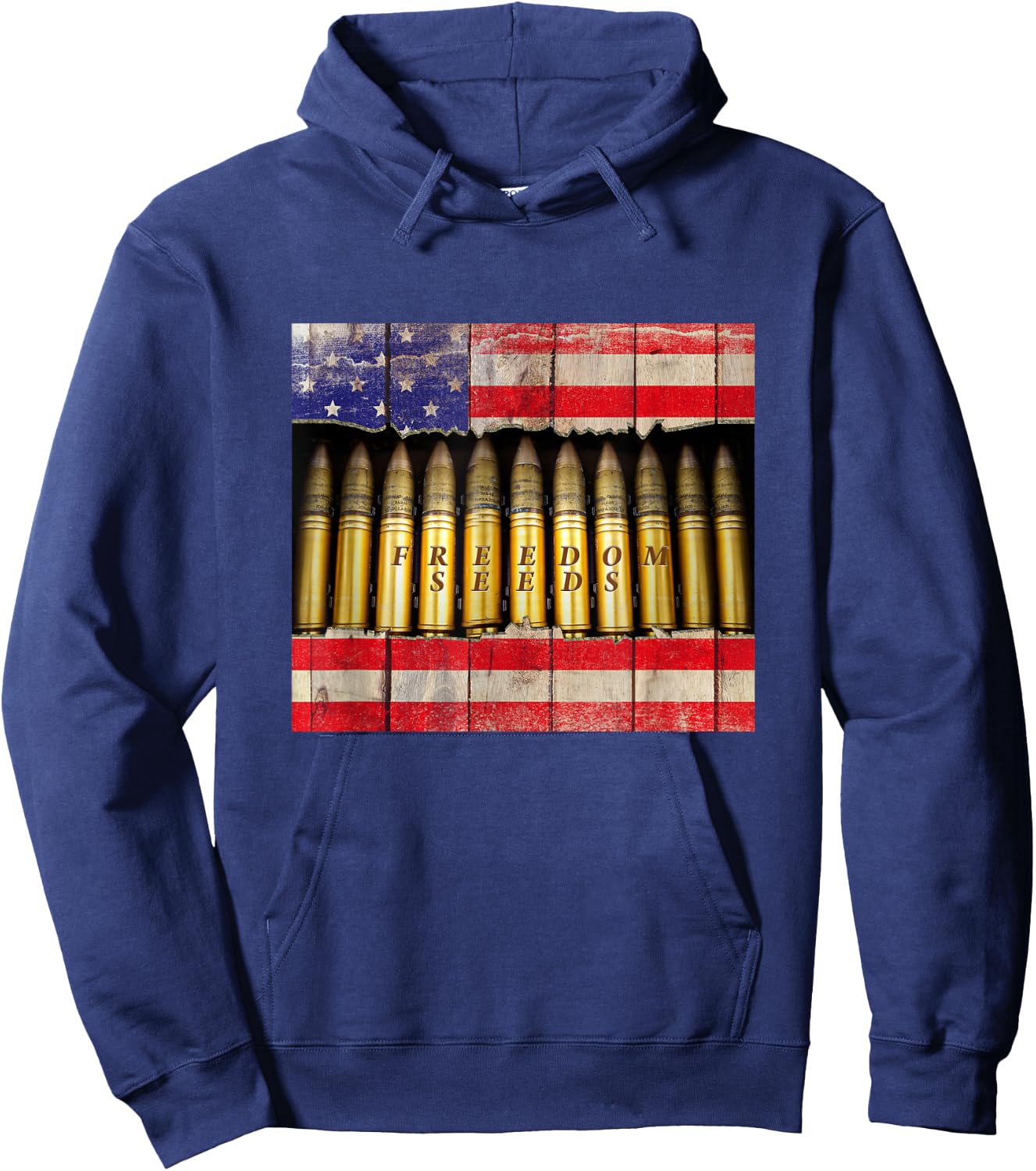 Patriotic Bullets Supply: Freedom Seeds American Flag Ammo Hoodie - Hoodie | Navy