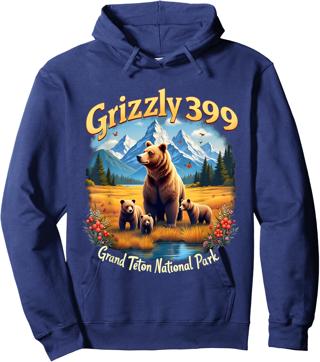 Retro Bear Grizzly 399 Wild & Free Grand Teton National Park Hoodie - Hoodie | Navy